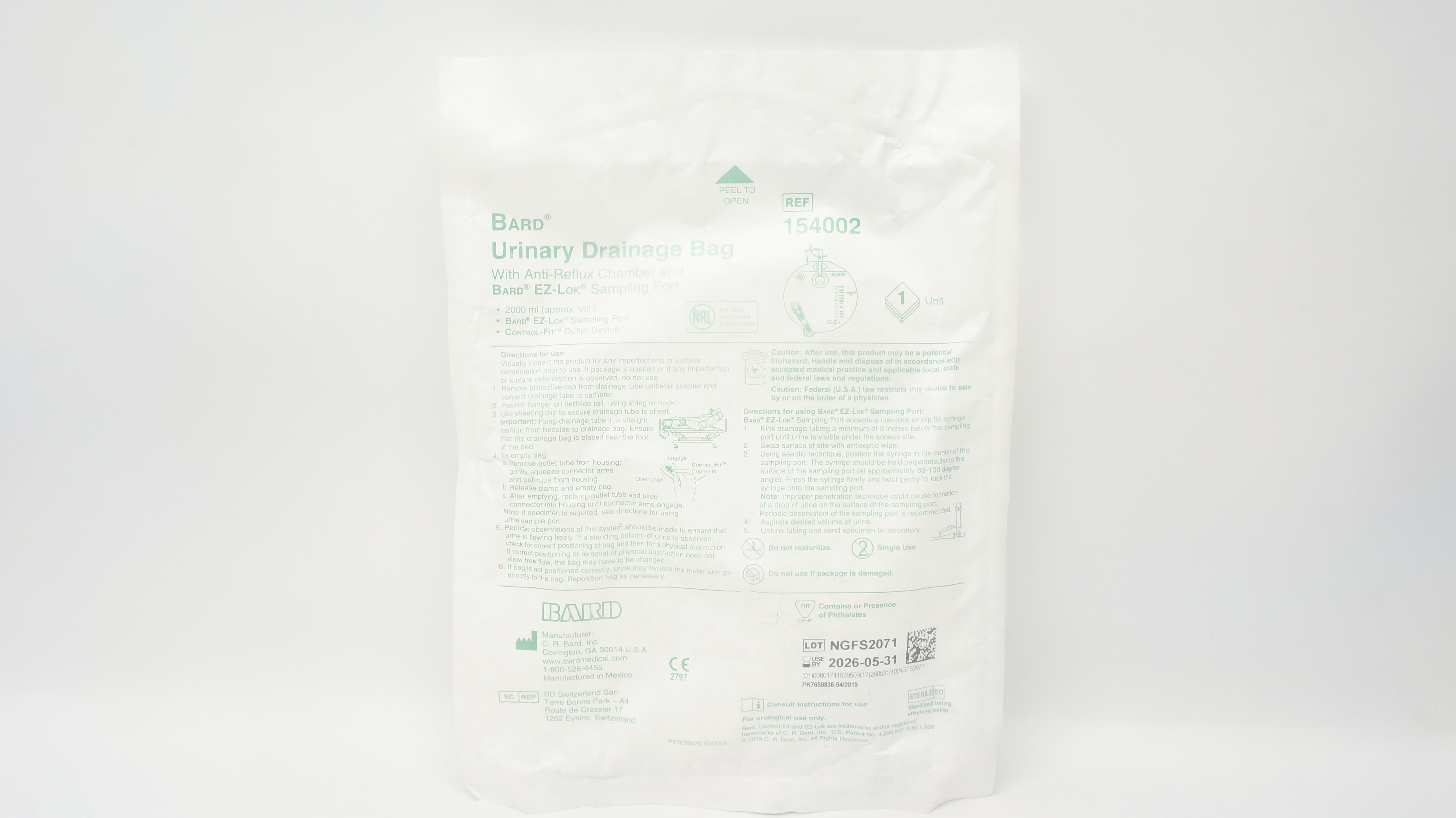 Bard 154002 Urinary Drainage Bag with Anti-Reflux Chamber & Sampling Port 2000ml