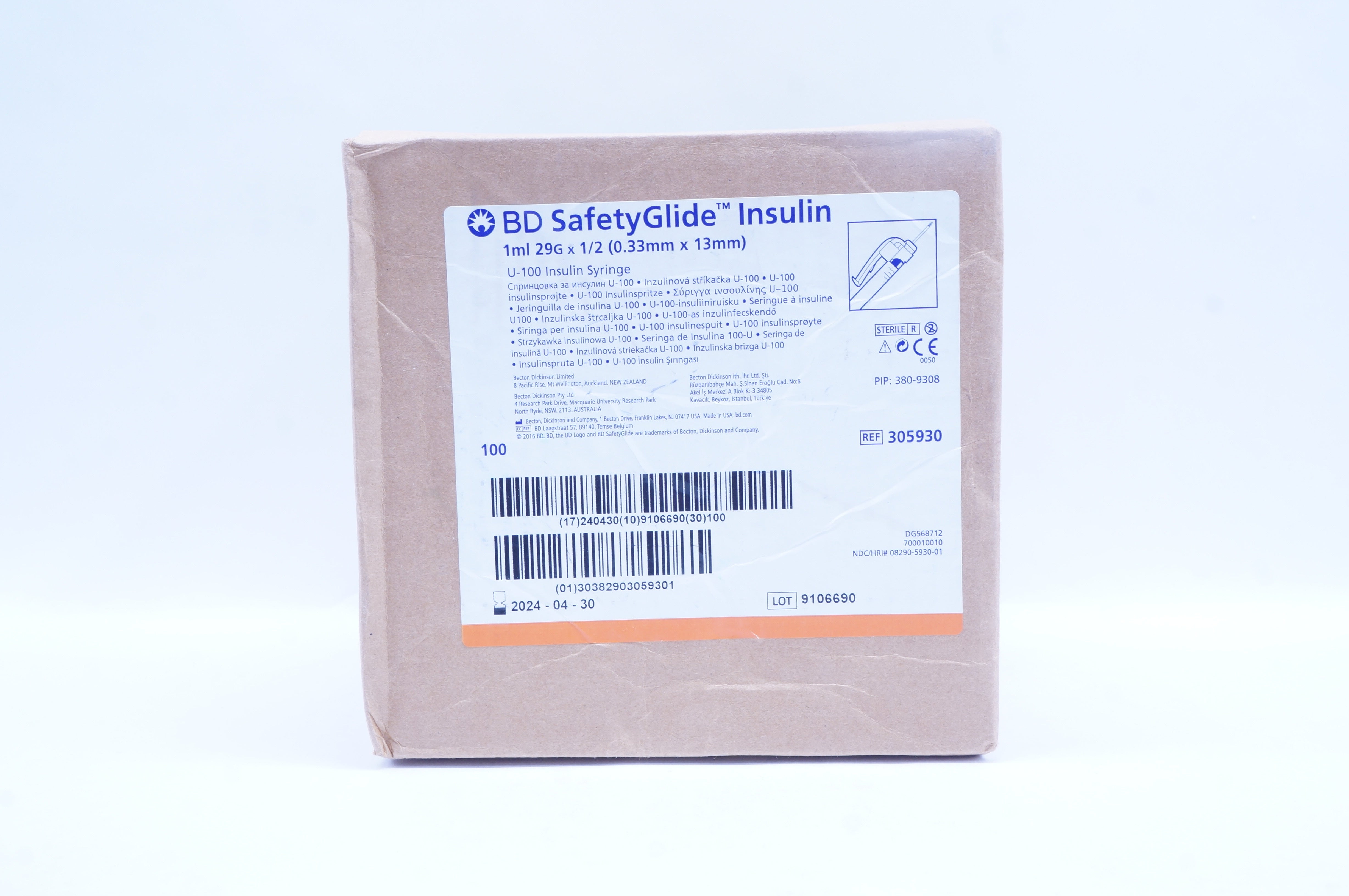 BD 305930 SafetyGlide U-100 Insulin 1ml 29G x 1/2inch - Case of 400