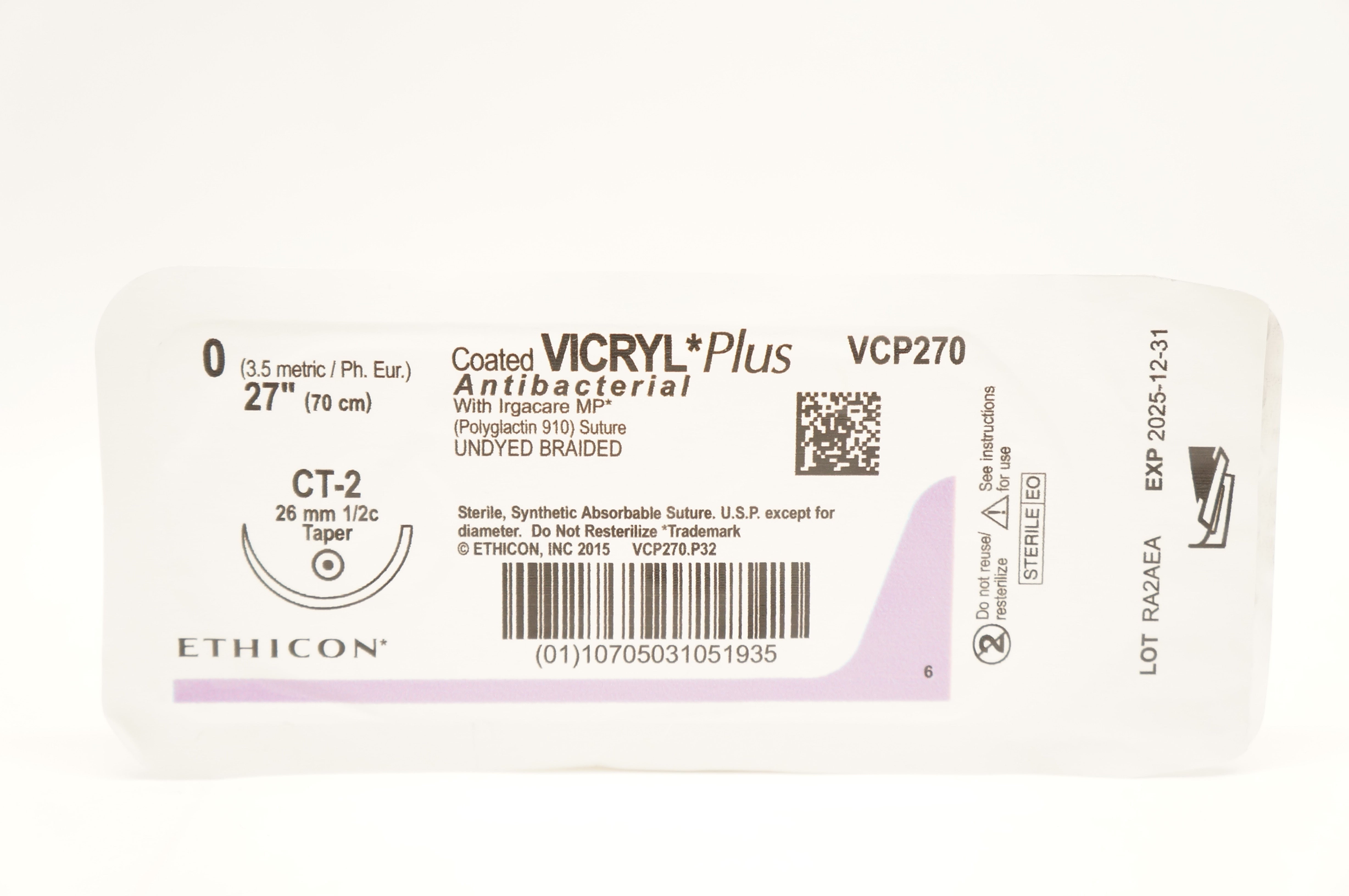 Ethicon VCP270 0 Coated VICRYL PLus W/Irgacare MP Stre CT-2 26mm 1/2c Taper 27in.
