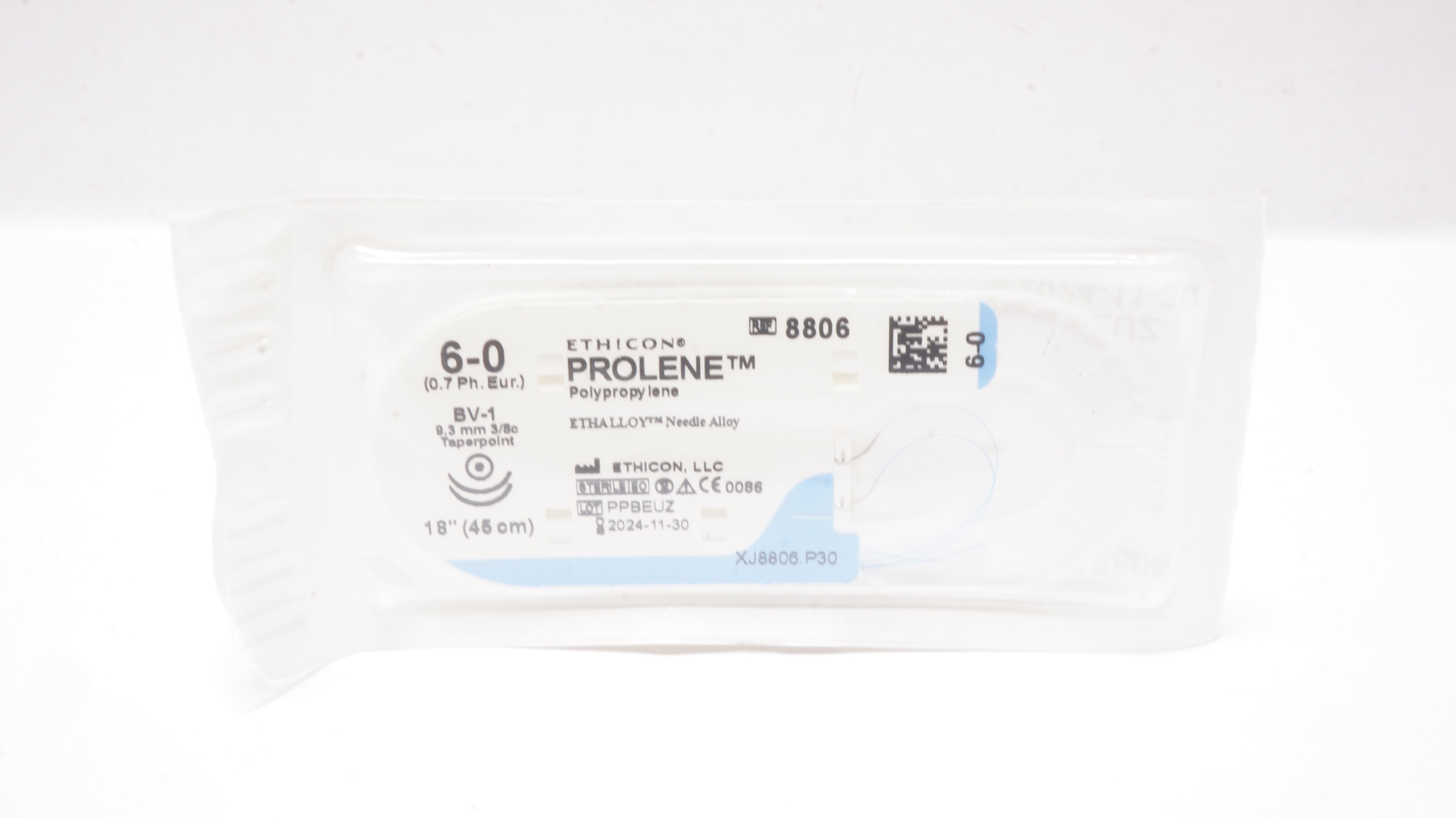 Ethicon 8806 6-0 PROLENE BV-1 9.3mm 3/8c Taper Blue Monofilament 18inch