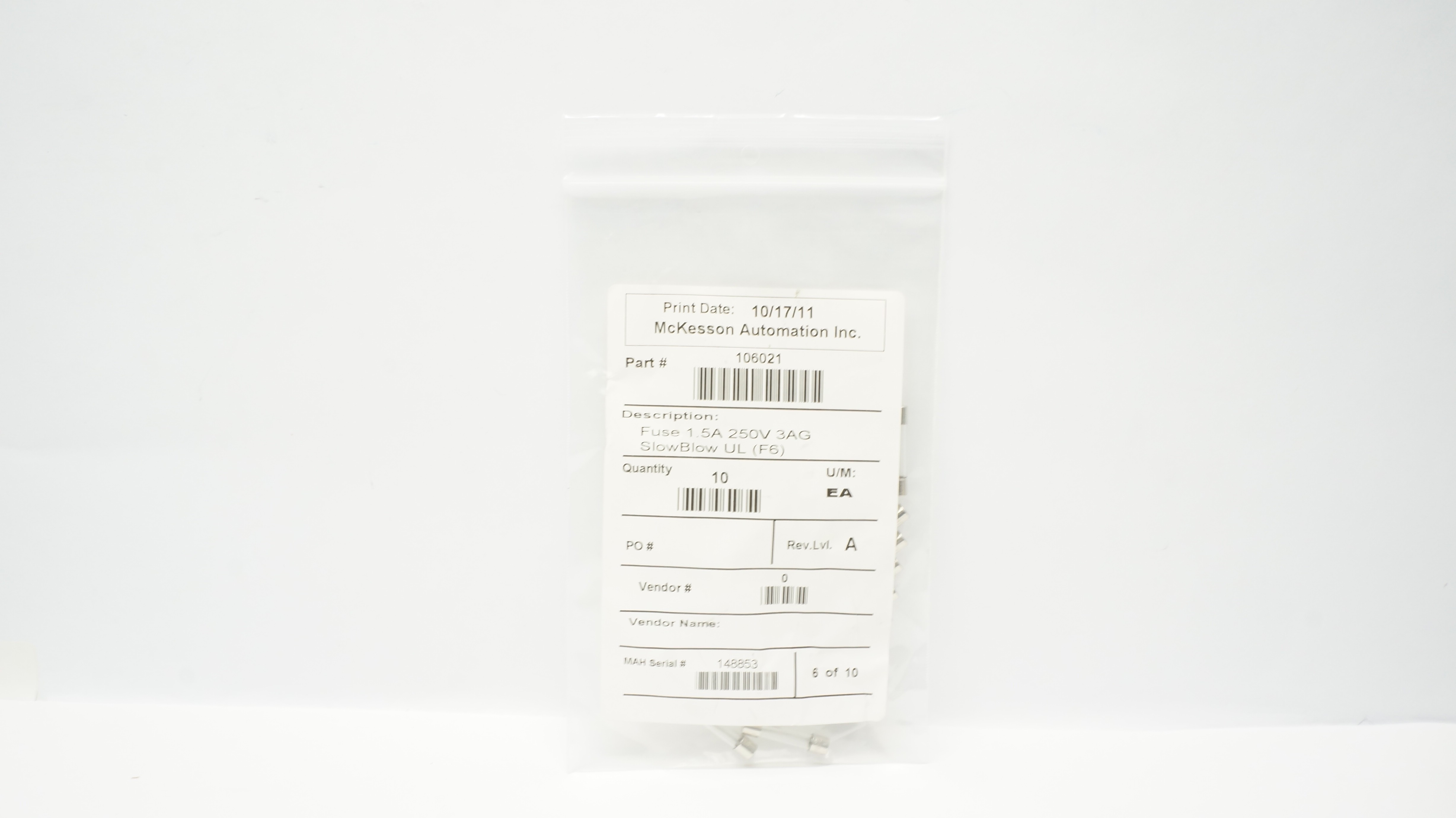 McKesson 106021 Fuse 1.5A 250V 3AG SlowBlow UL - Pack of 10