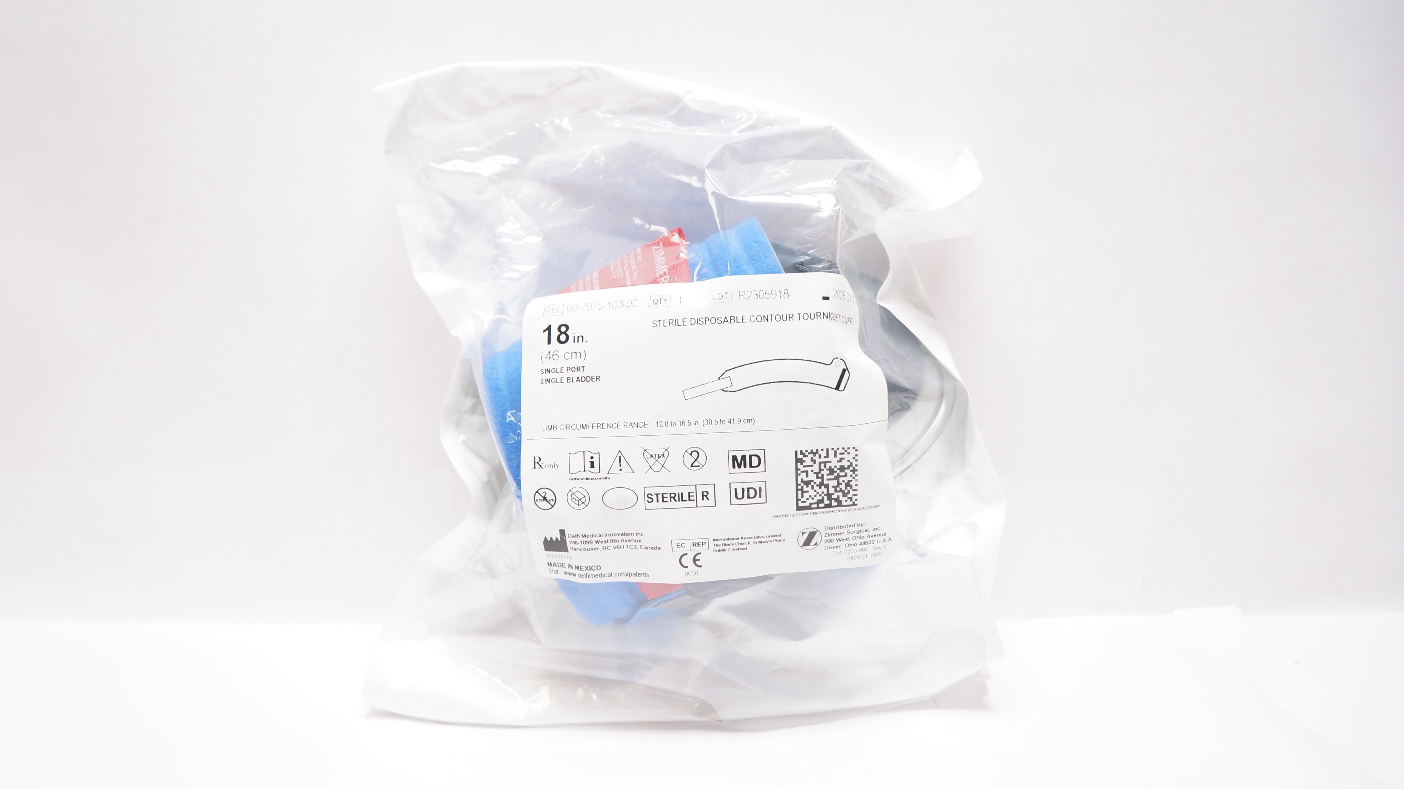 Delfi Medical 60-7975-103-00 Zimmer Disposable Contour Tourniquet Cuff 18inch