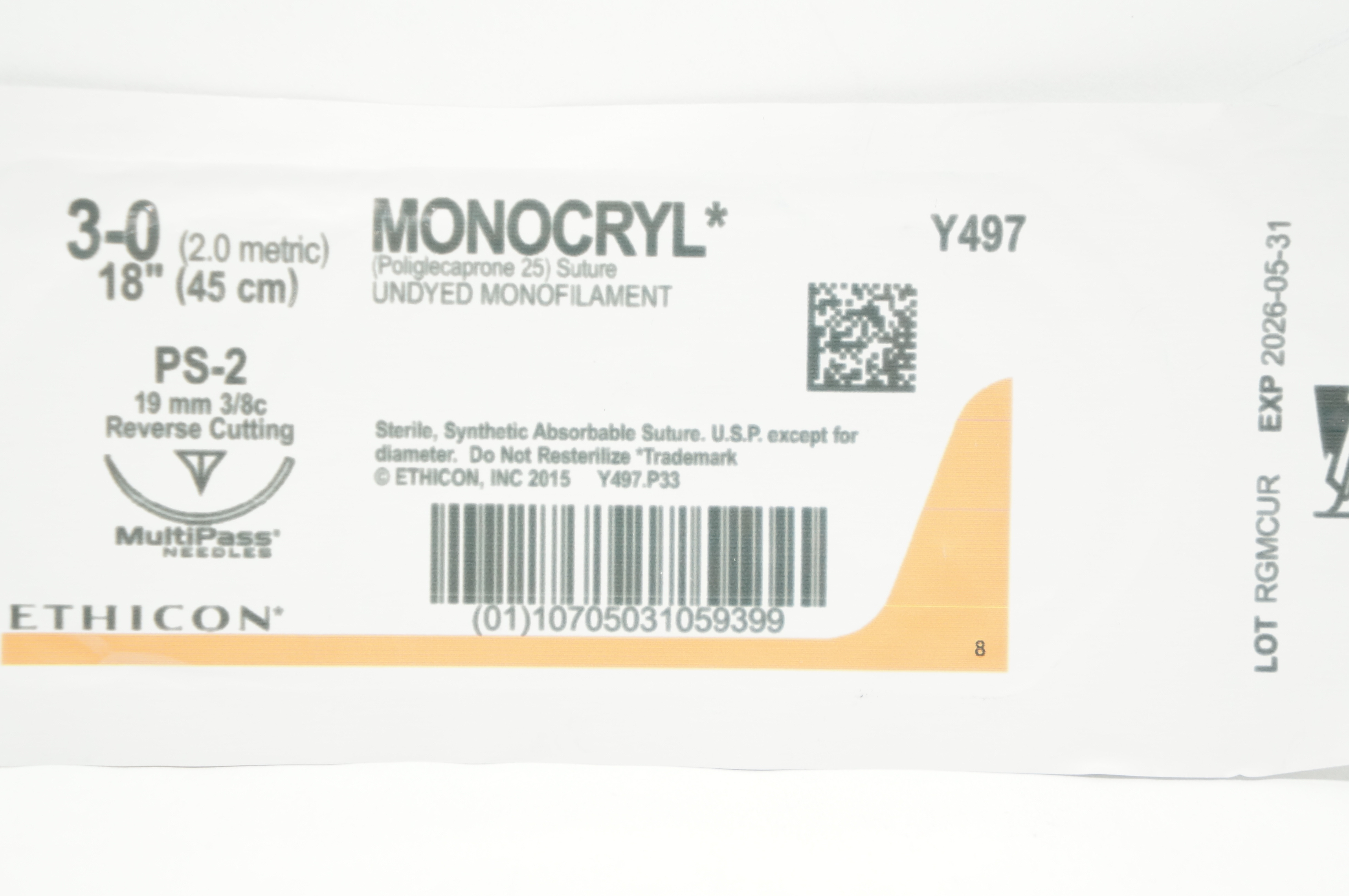 Ethicon Y497 3-0 MONOCRYL Stre PS-2 19mm 3/8c Reverse Cutting, 18inch