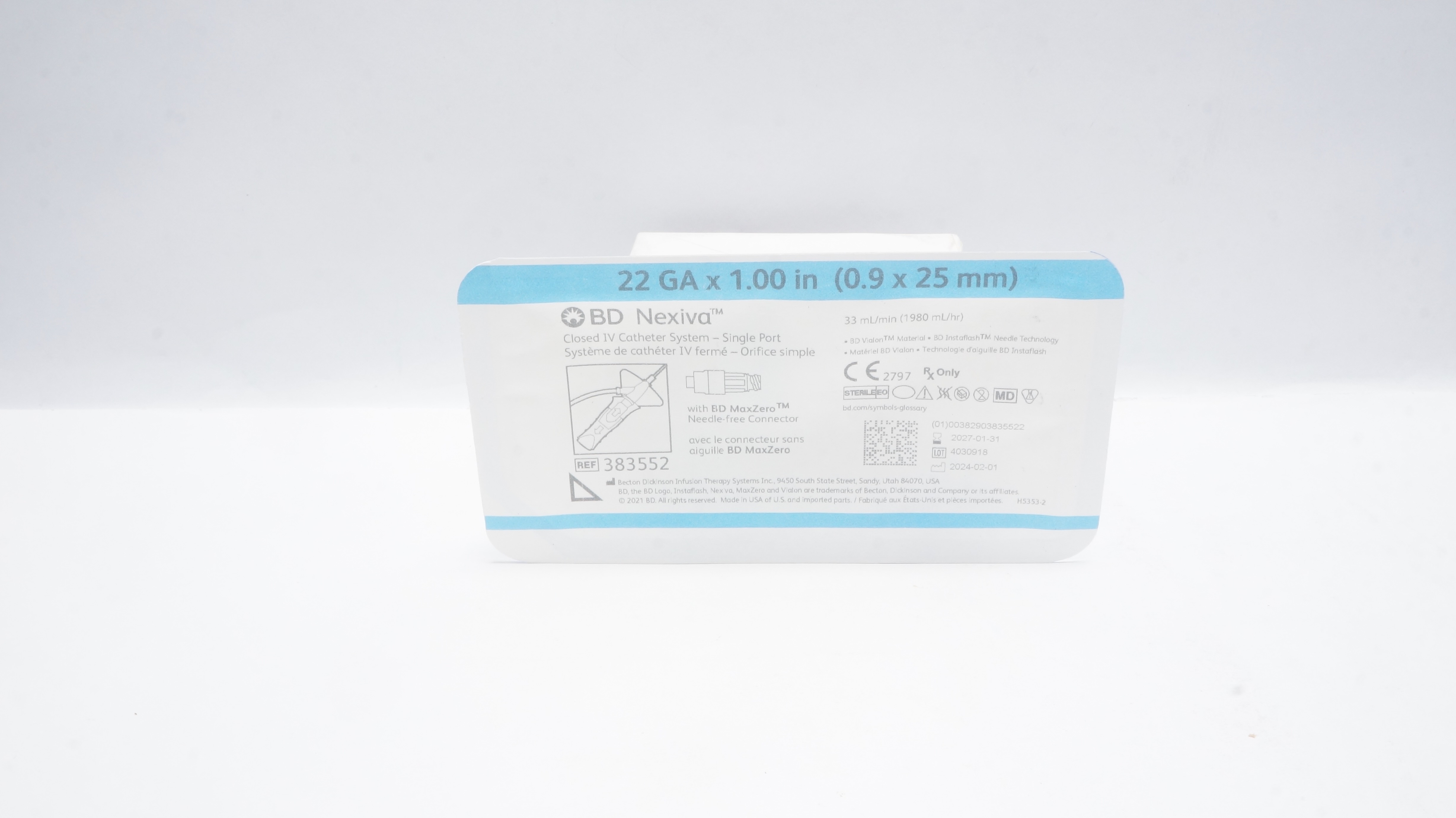 BD 383552 Nexiva Closed IV Cath. System 22Ga x 1.00inch 33mL/min