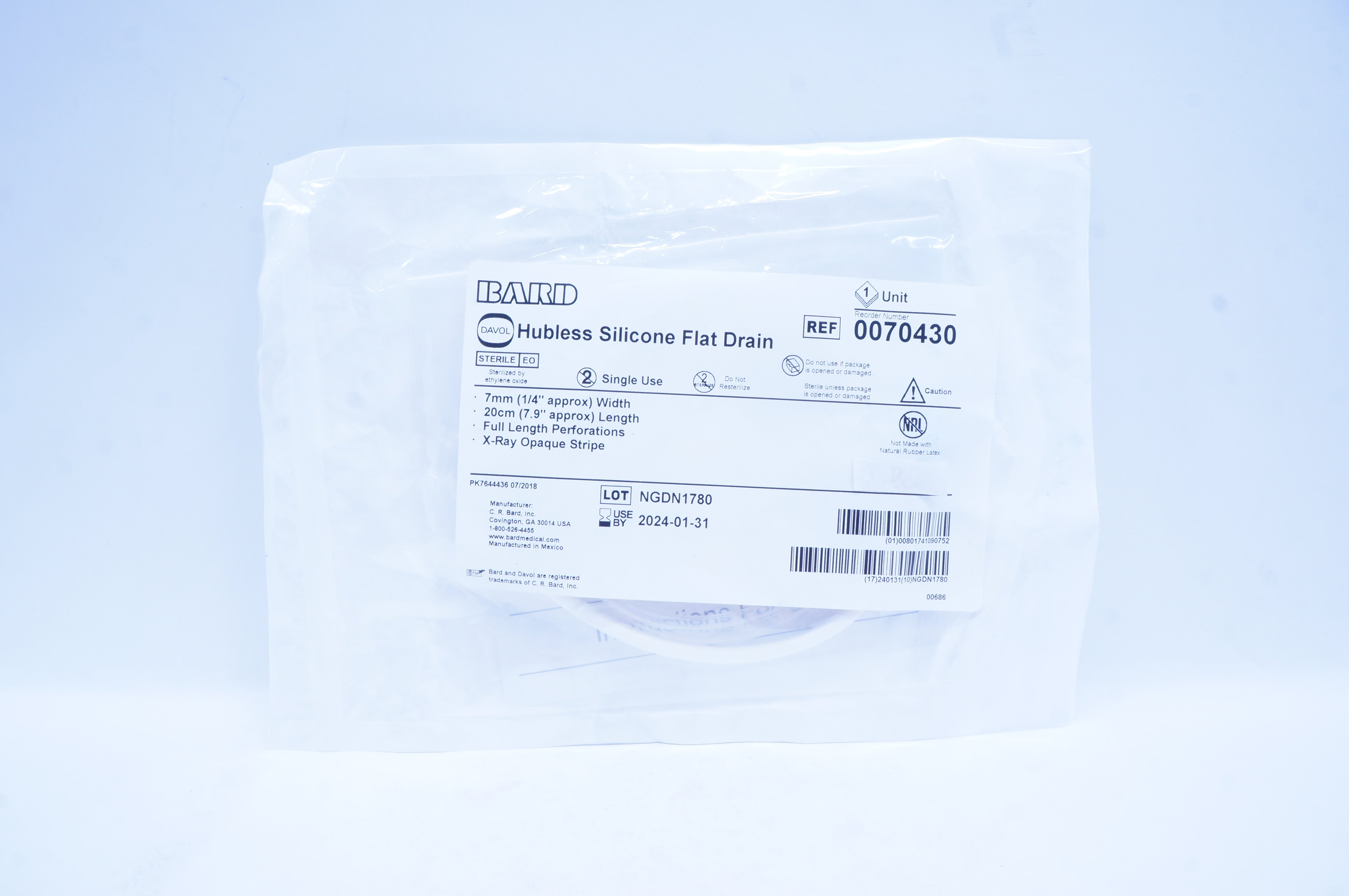 Bard 0070430 Davol Hubless Silicone Flat Drain 7mm x 20cm