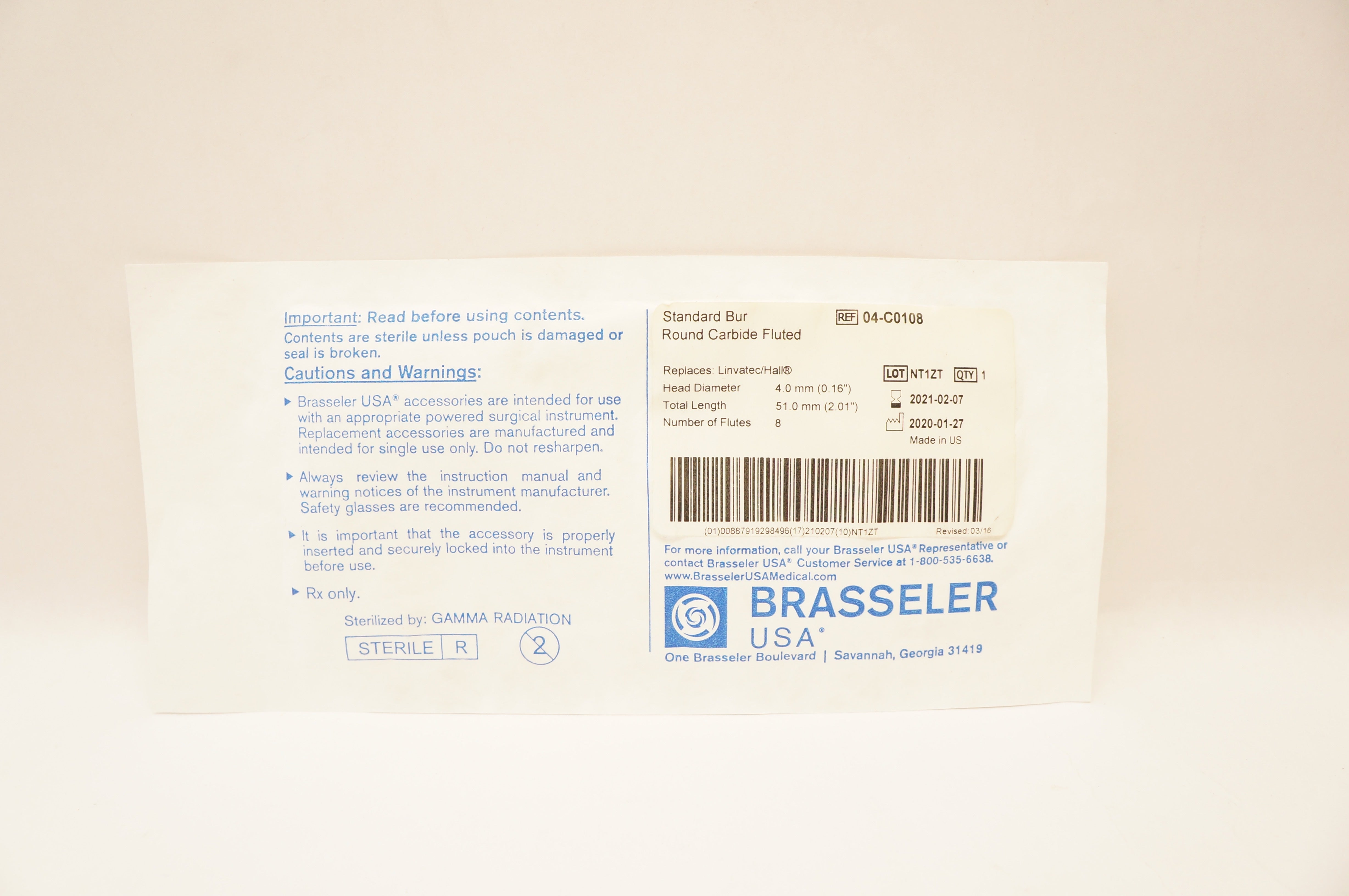 Brasseler USA 04-C0108 Standard Bur Round Carbide Fluted 0.16in x 2.01in (x)