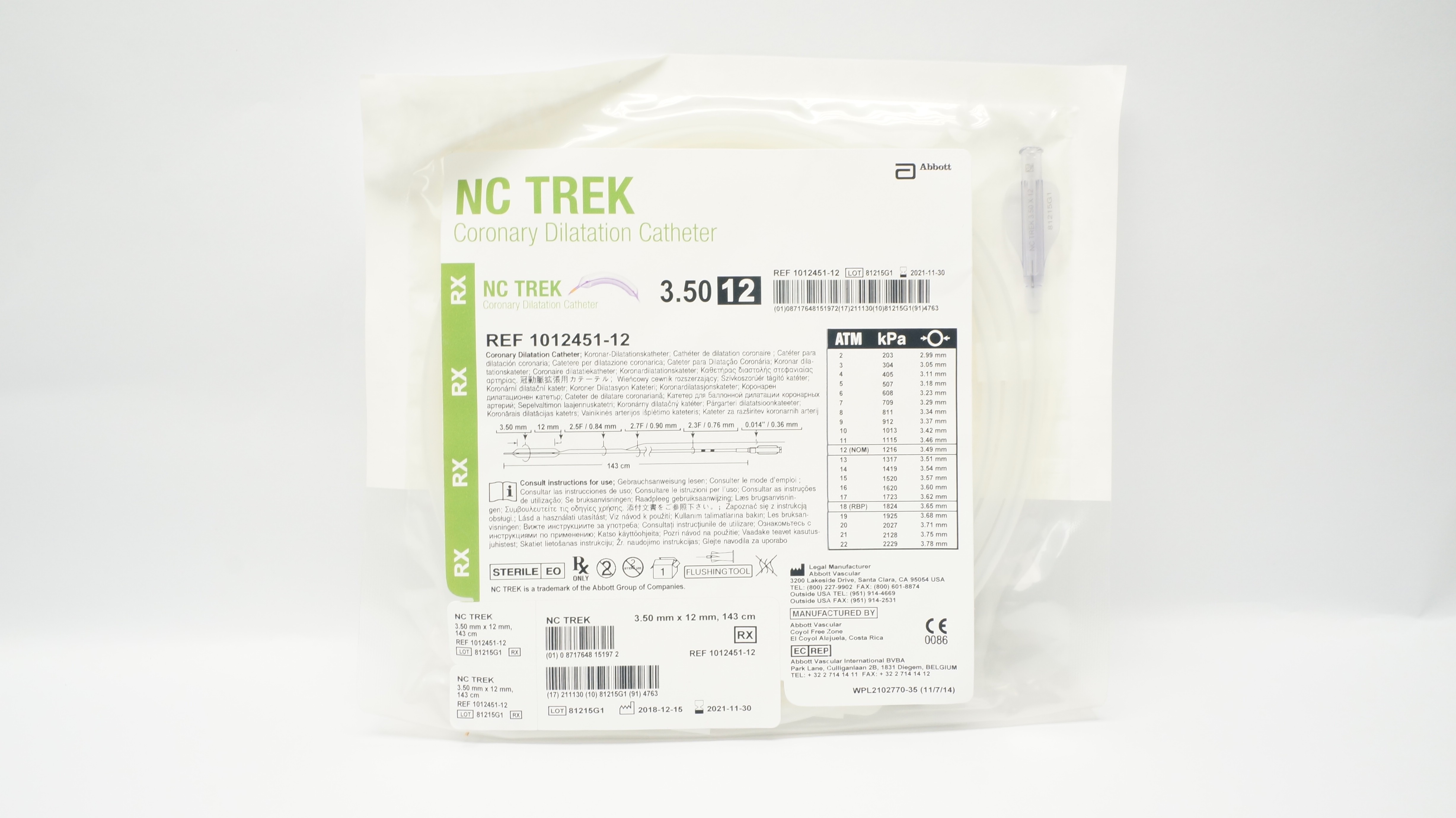 Abbott 1012451-12 NC Trek Coronary Dilatation Cath. 3.50mm x 12mm,143cm (x)