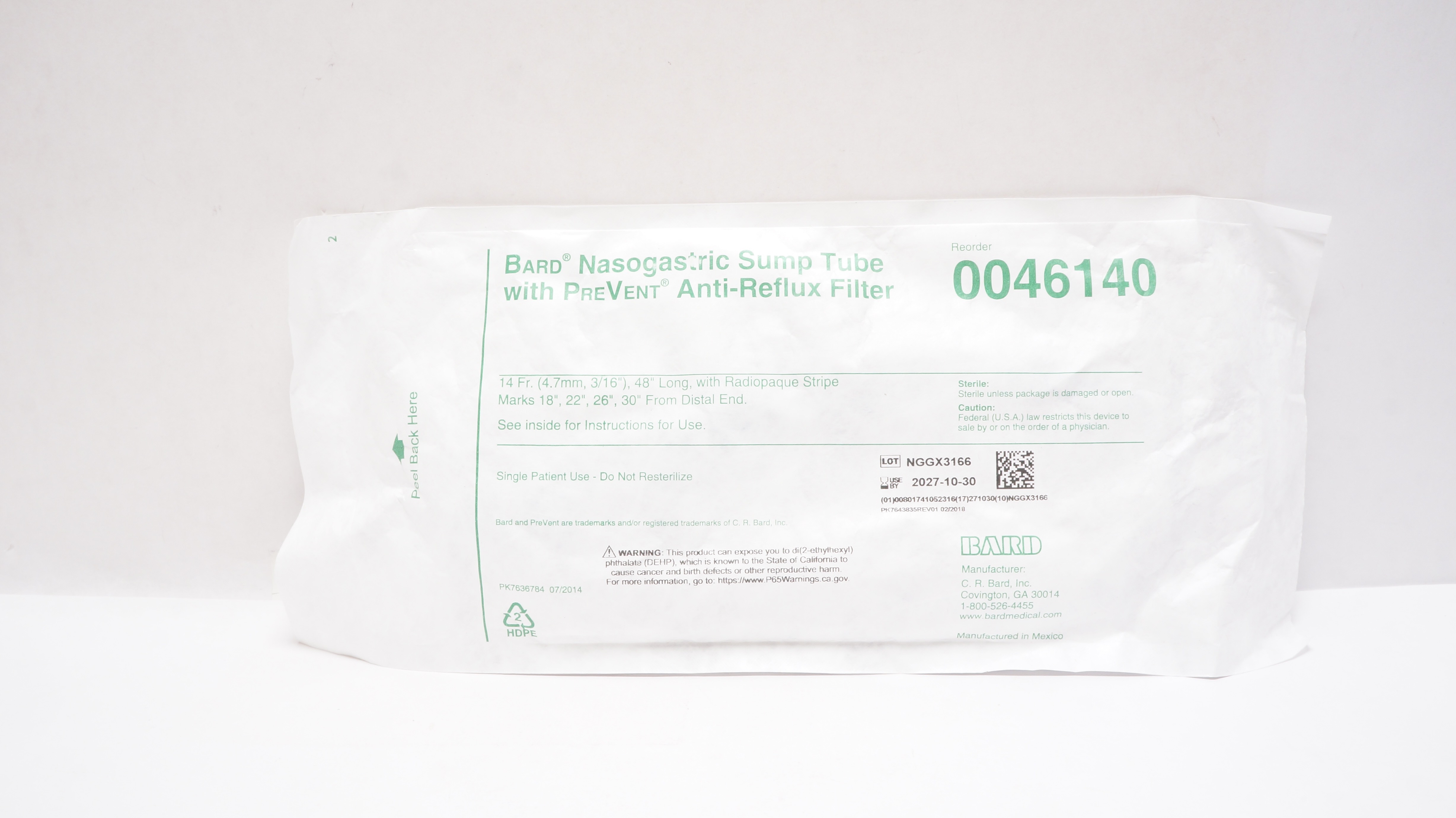 Bard 0046140 Nasogastric Sump Tube with PreVent Anti-Reflux Filter 14Fr x 48inch