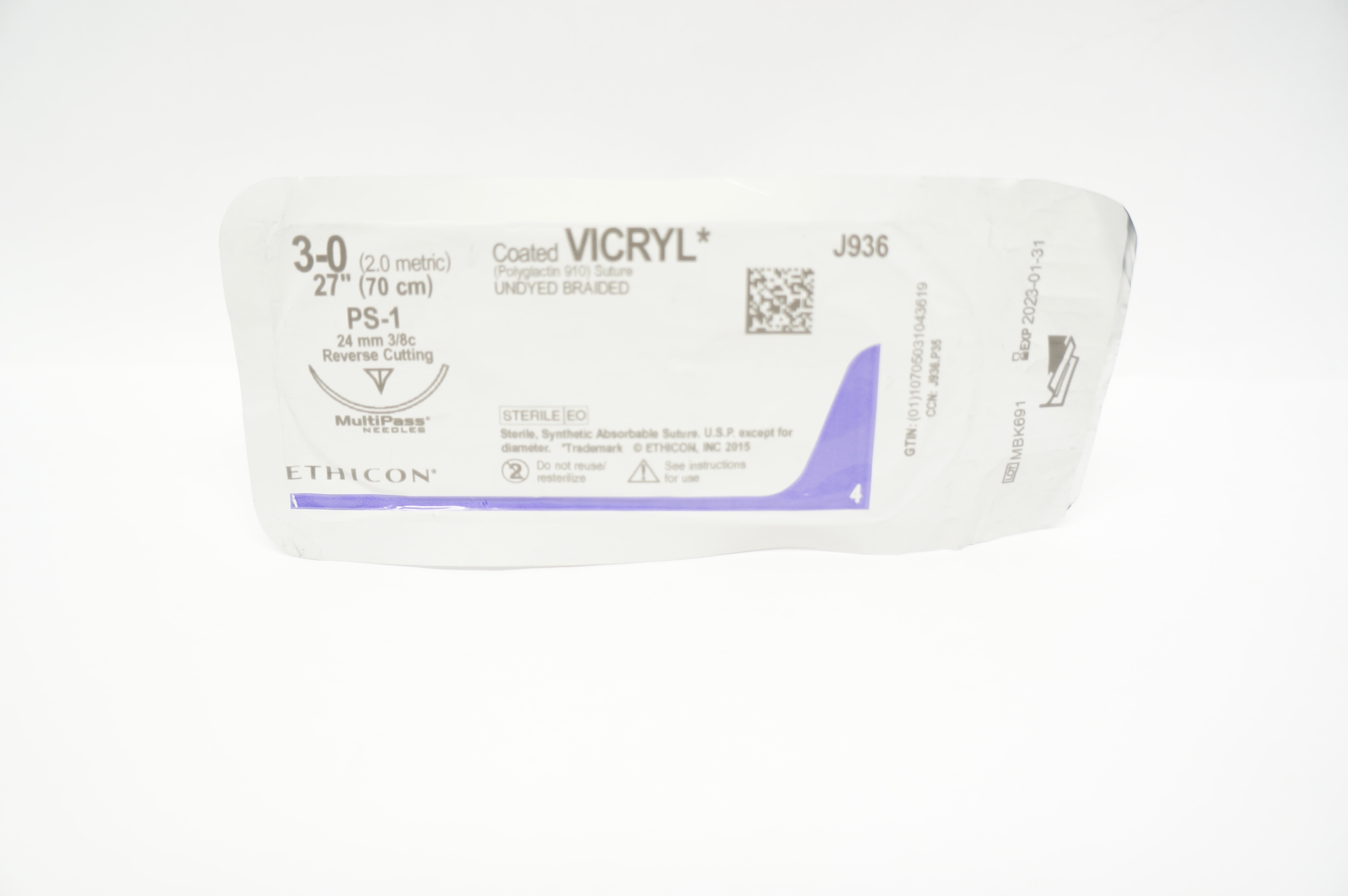 Ethicon J936 3-0 VICRYL, PS-1, 24mm 3/8c, Reverse Cutting, 27inch
