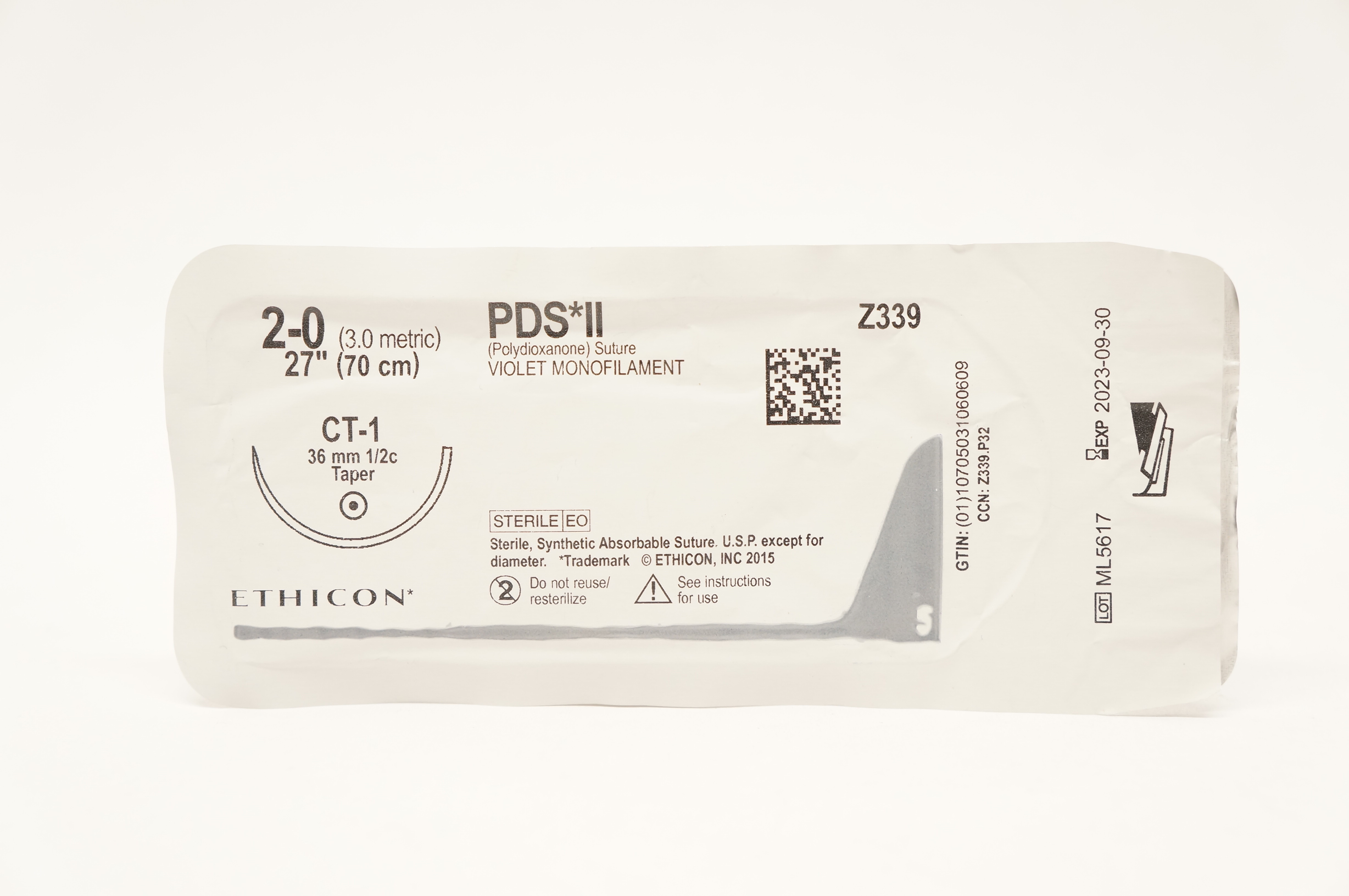Ethicon Z339 2-0 PDS II, CT-1, 36mm 1/2c Taper, 27inch
