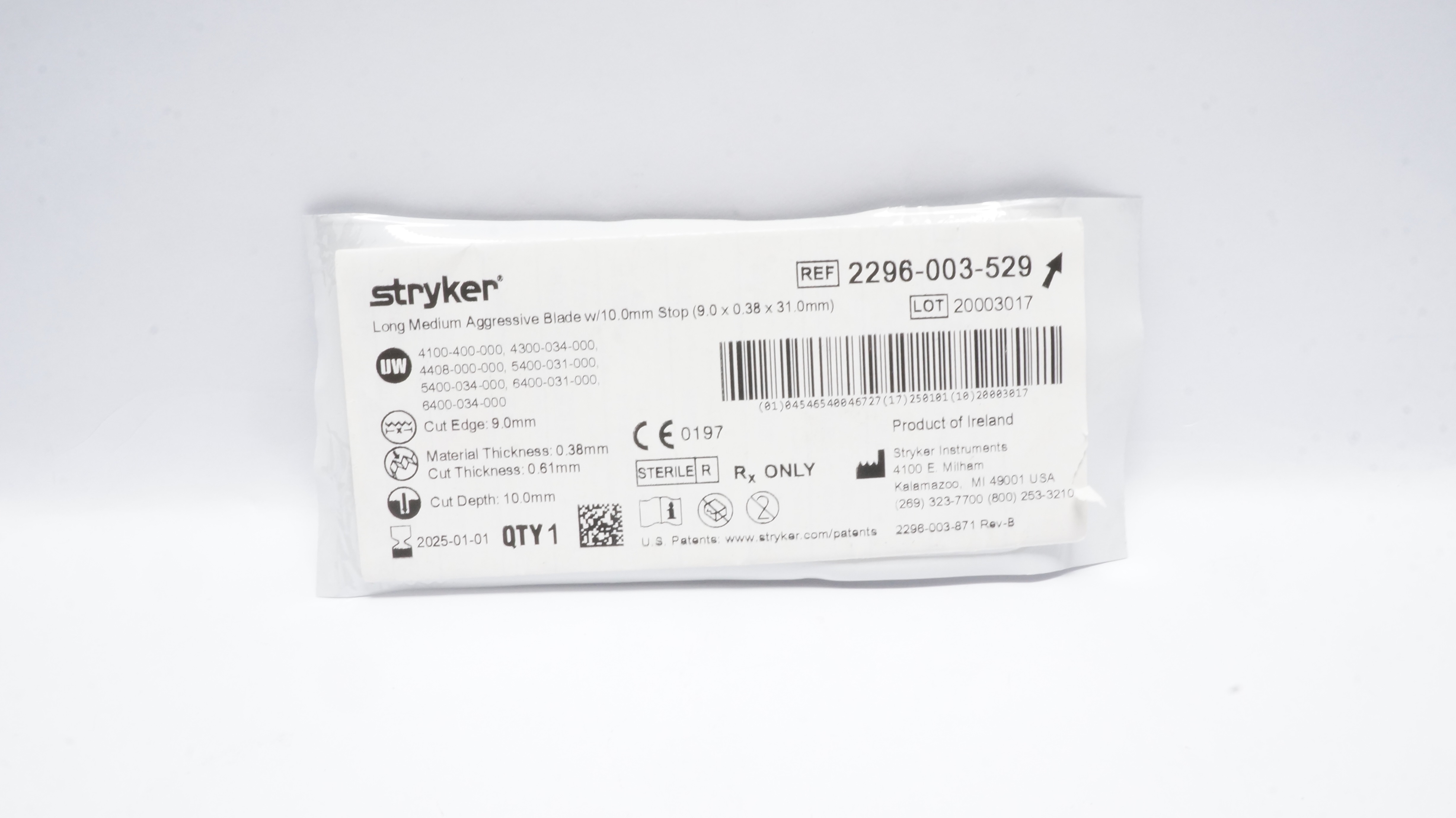 Stryker 2296-003-529 Long Medium Aggressive Blade w/10mm Stop 9.0x 0.38x 31.0 mm