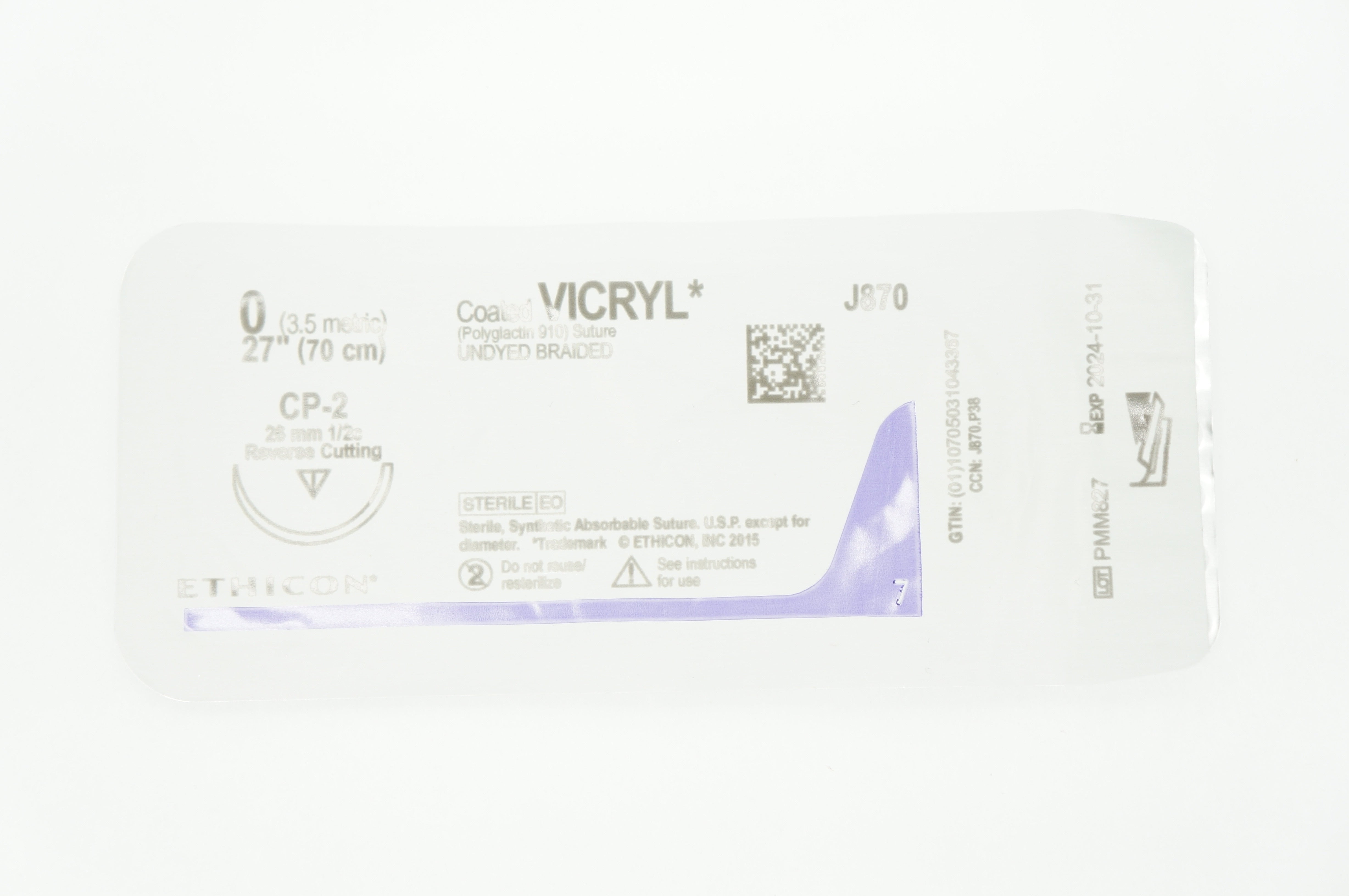 Ethicon J870 0 Vicryl CP-2 26 mm 1/2c Reverse Cutting 27 inch