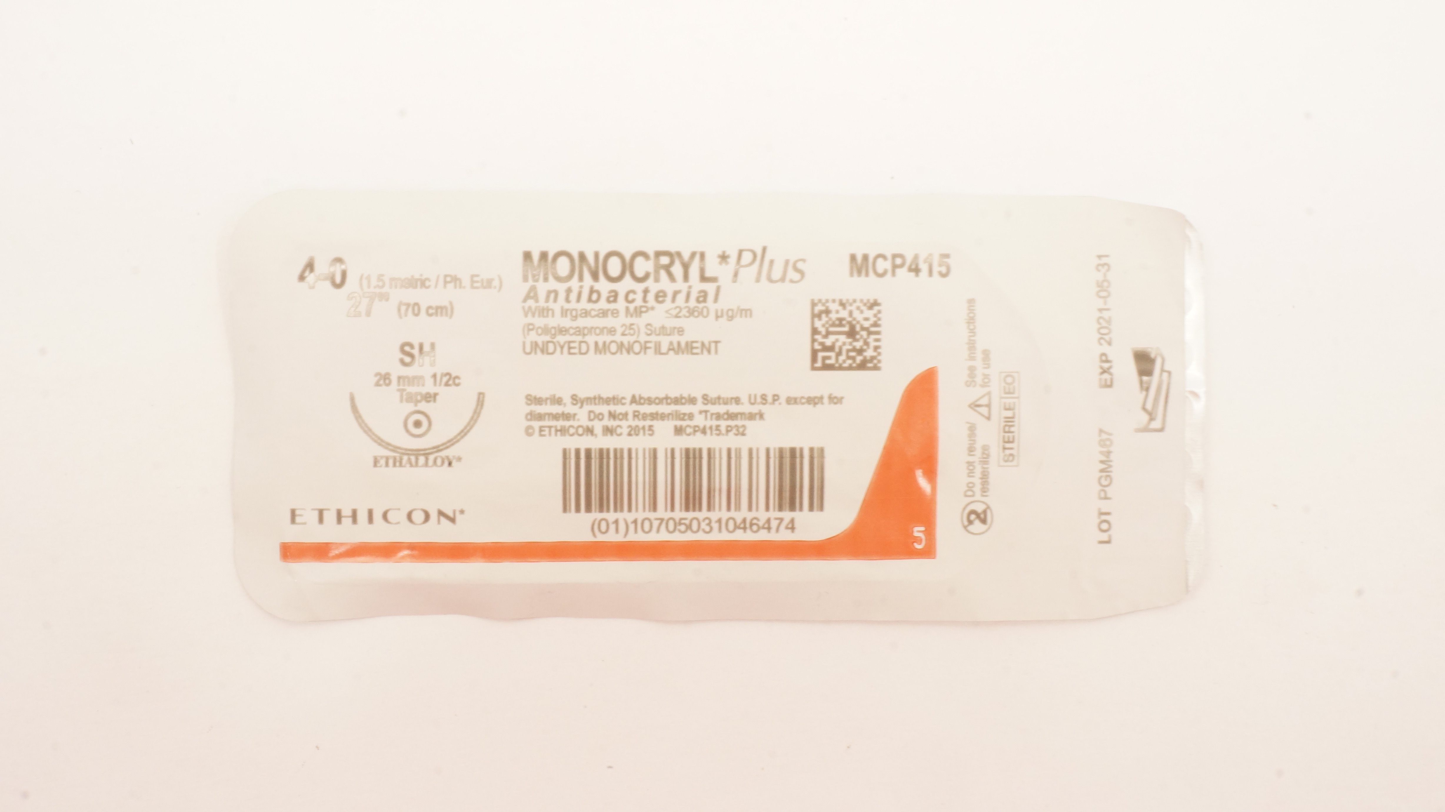 Ethicon MCP415 4-0 MONOCRYL Plus, SH, 26mm 1/2c Taper, 27inch (x)