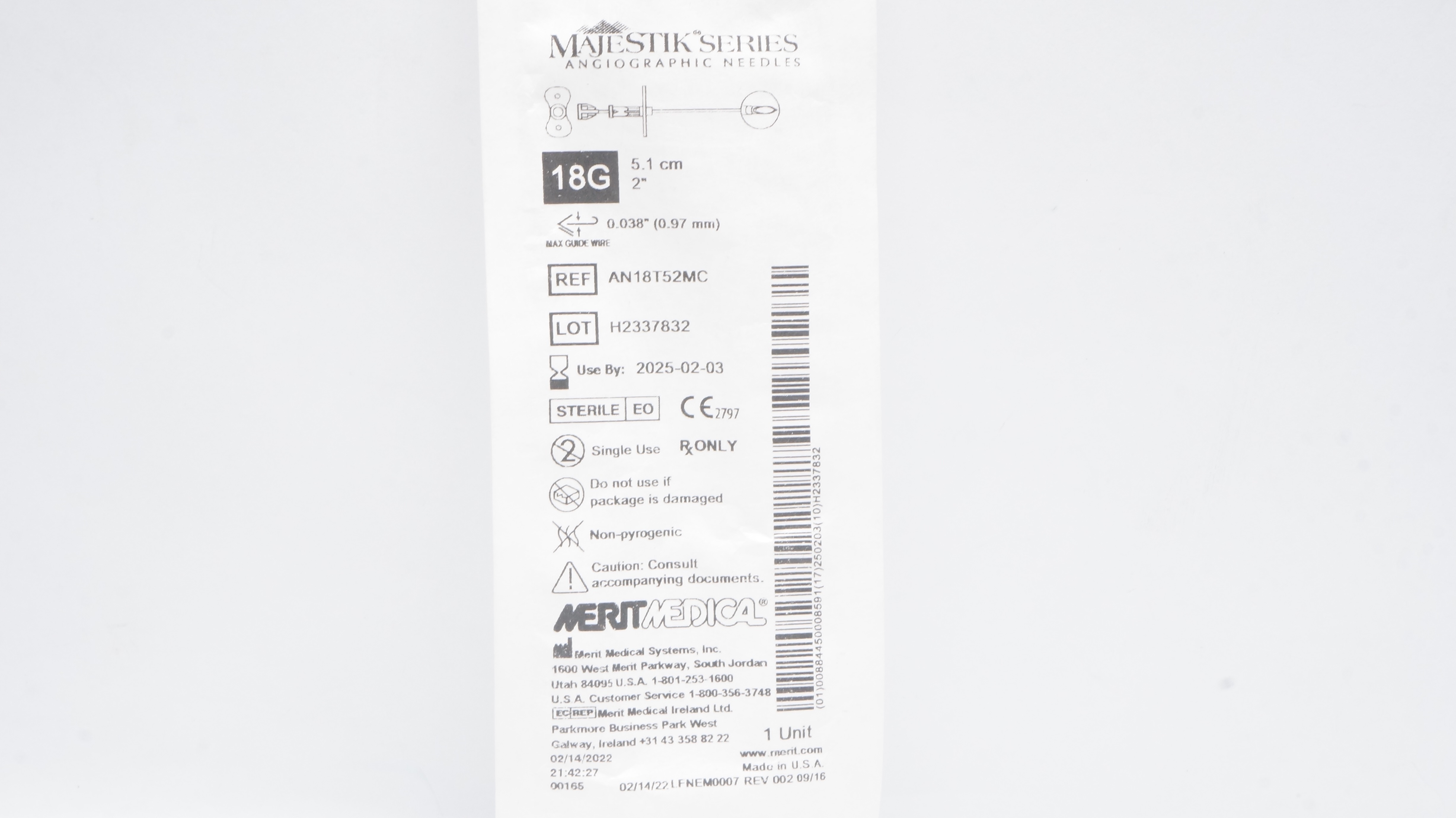 Merit Medical AN18T52MC Majestik Angiographic Ndles 18G x 2inch x 0.038inch (x)