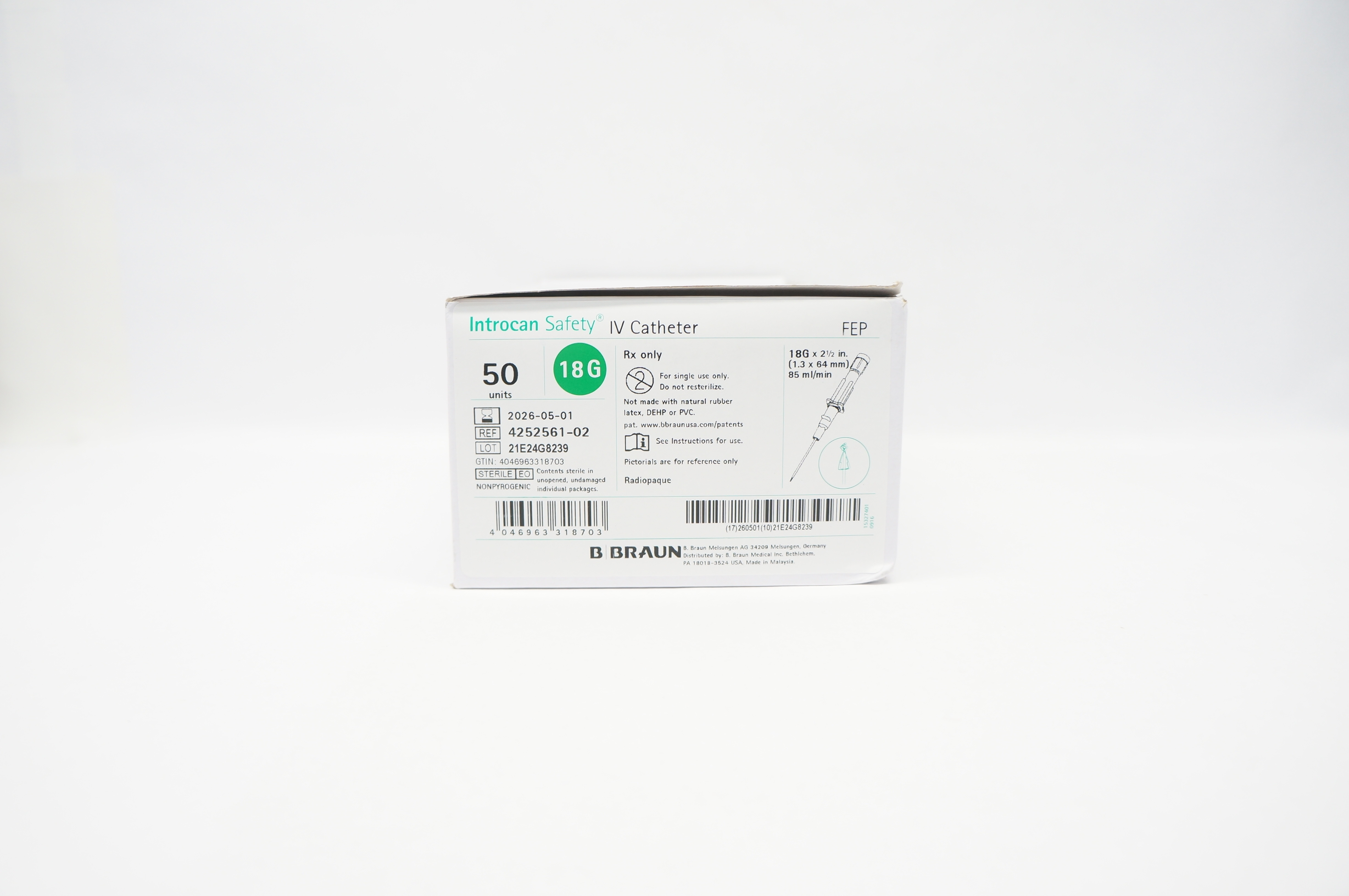 Braun 4252561-02 Introcan Safety IV Cath. 18G x 2-1/2 inch, 85ml/min - Box of 50