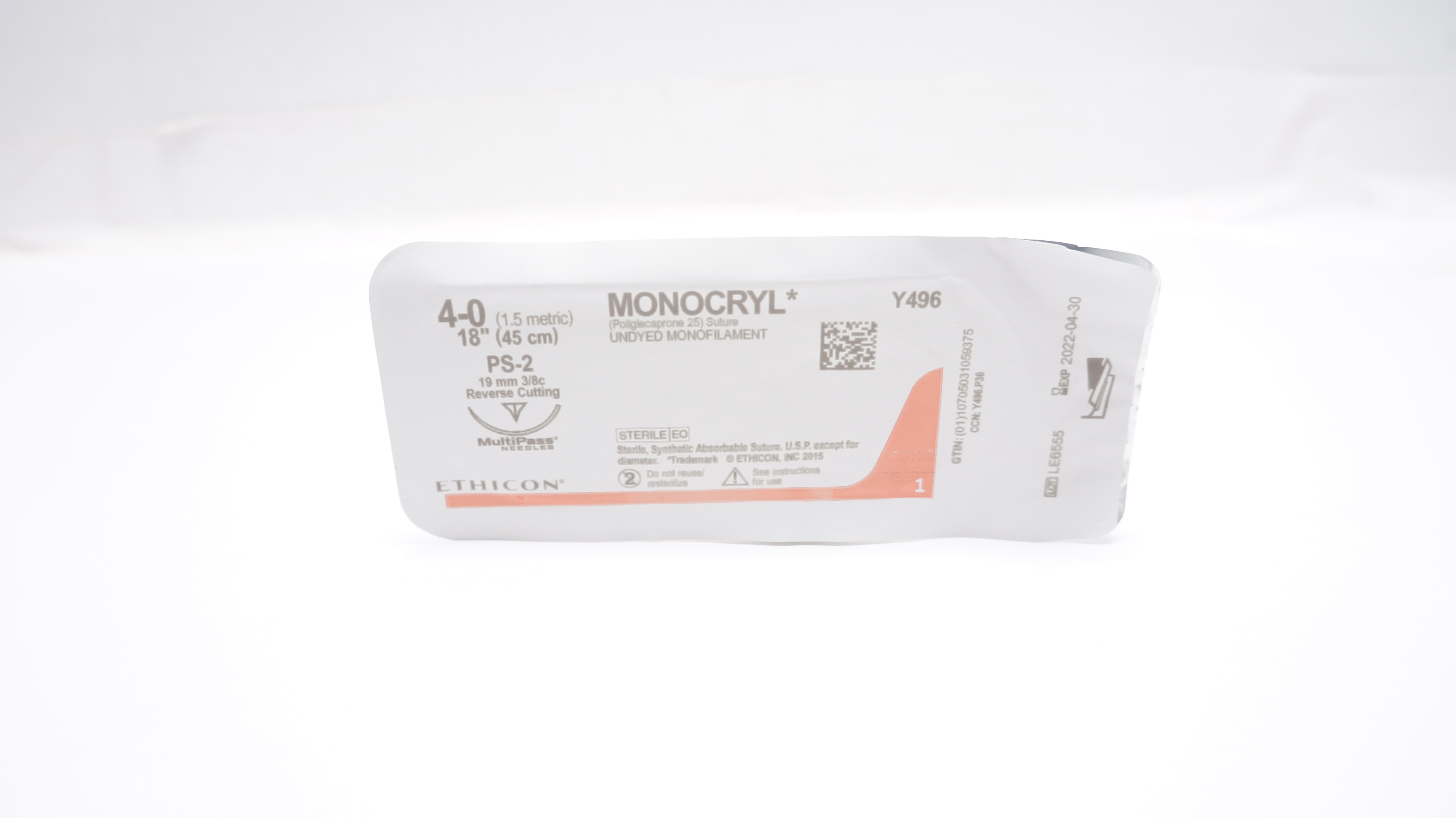 Ethicon Y496 4-0 Monocryl Undyed Stre PS-2 19mm 3/8c Reverse Cutting 18inch (x)