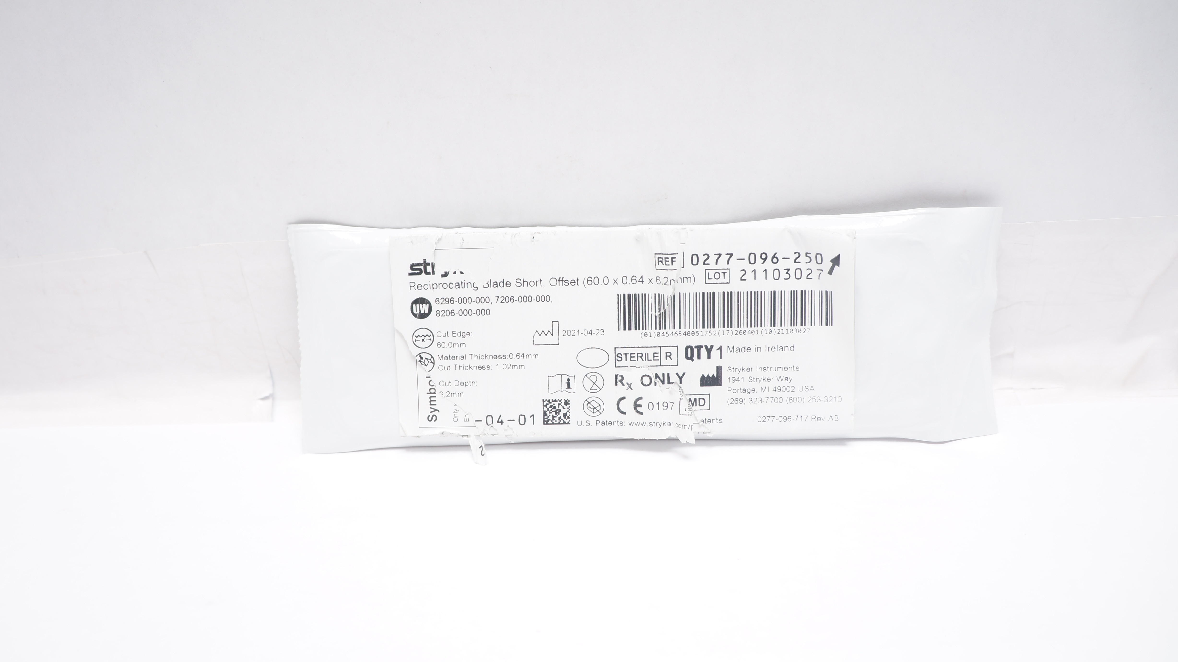 Stryker 0277-096-250 Reciprocating Blade Short, Offset 60.0 x 0.64 x 6.2mm