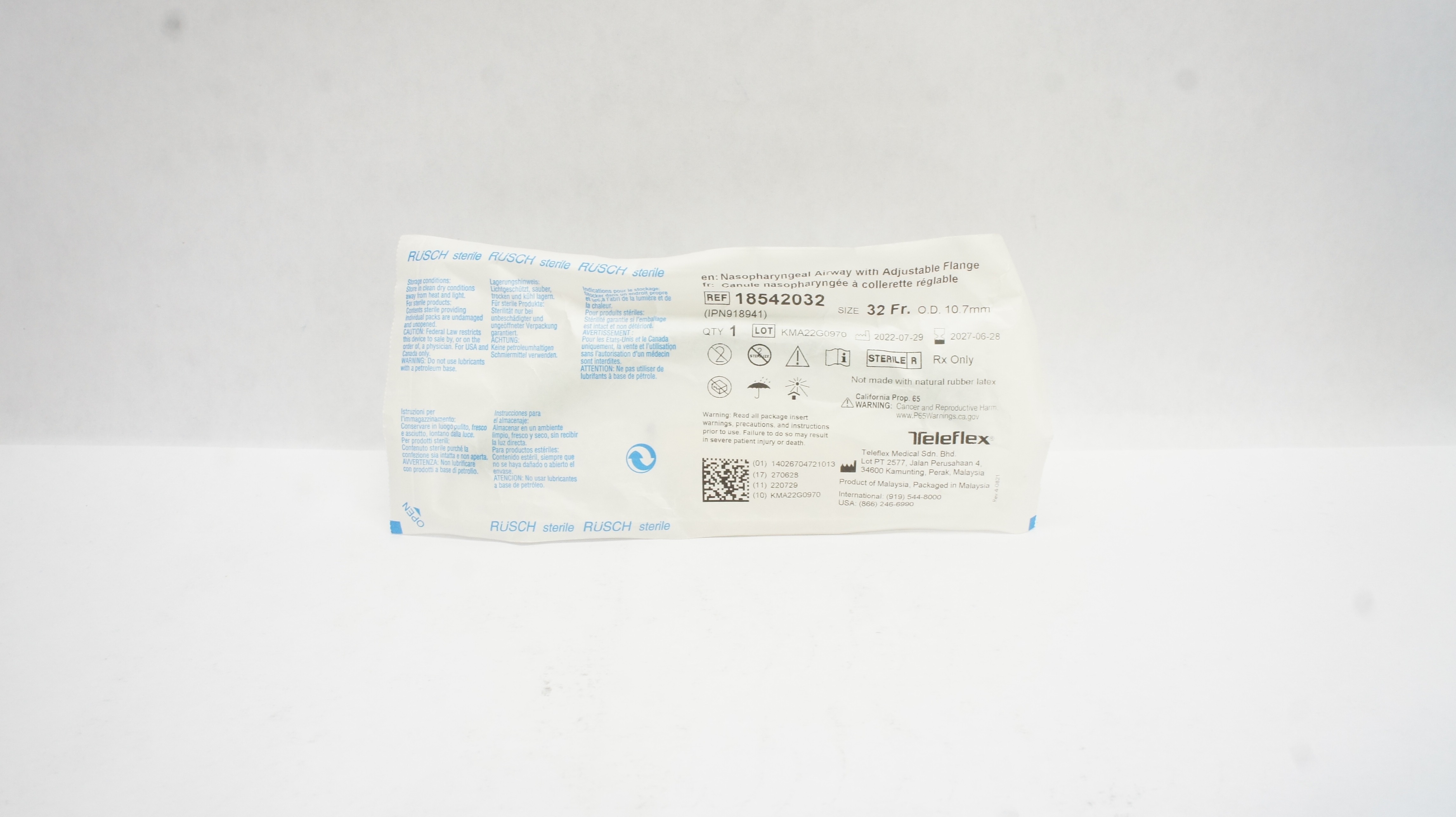 Teleflex 18542032 Nasopharyngeal Airway W/Adjustable Flange, Size 32Fr 10.7mm OD