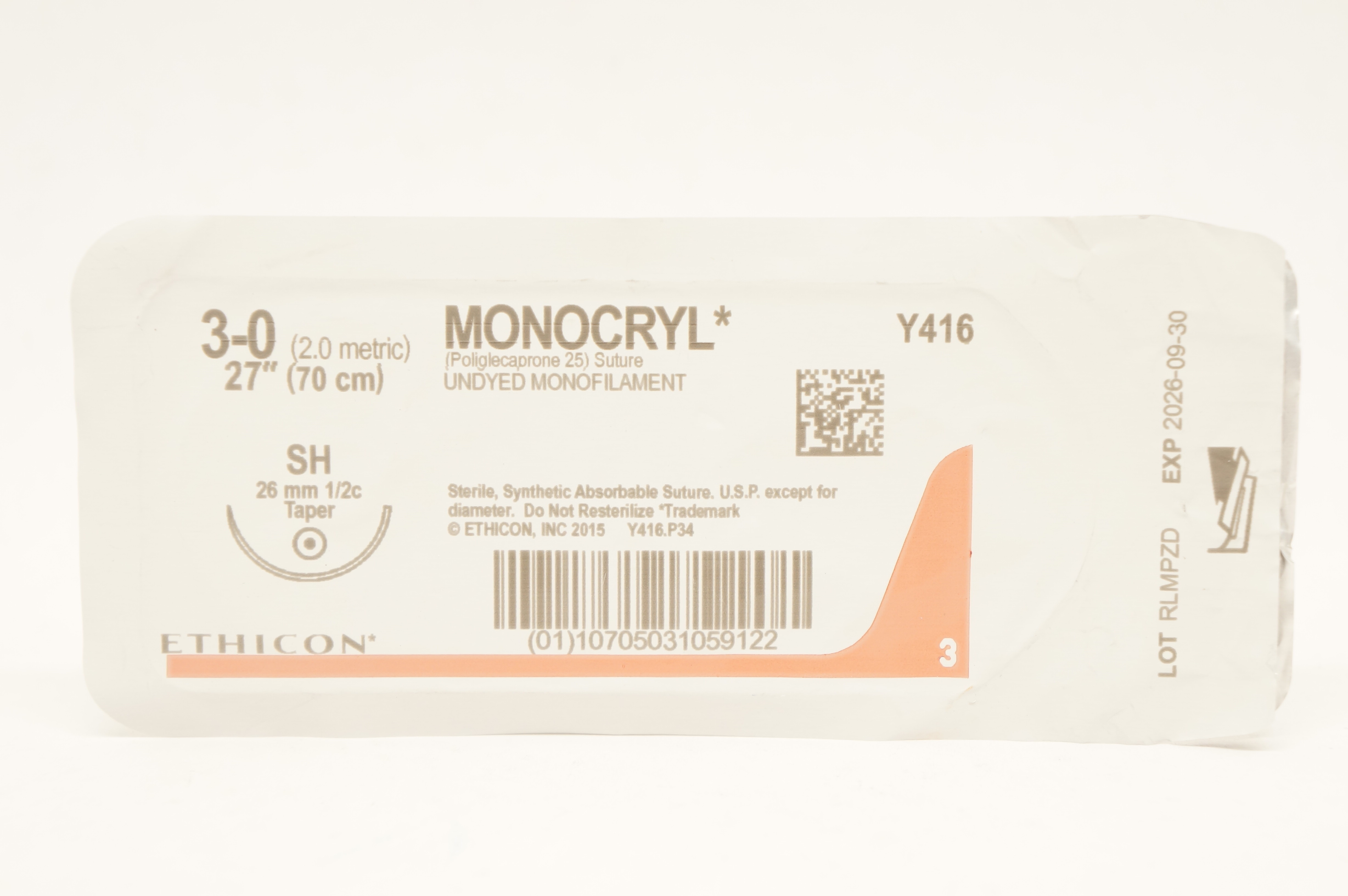 Ethicon Y416 3-0 Monocryl  Undyed Monofilament SH 26mm 1/2c Taper, 27inch