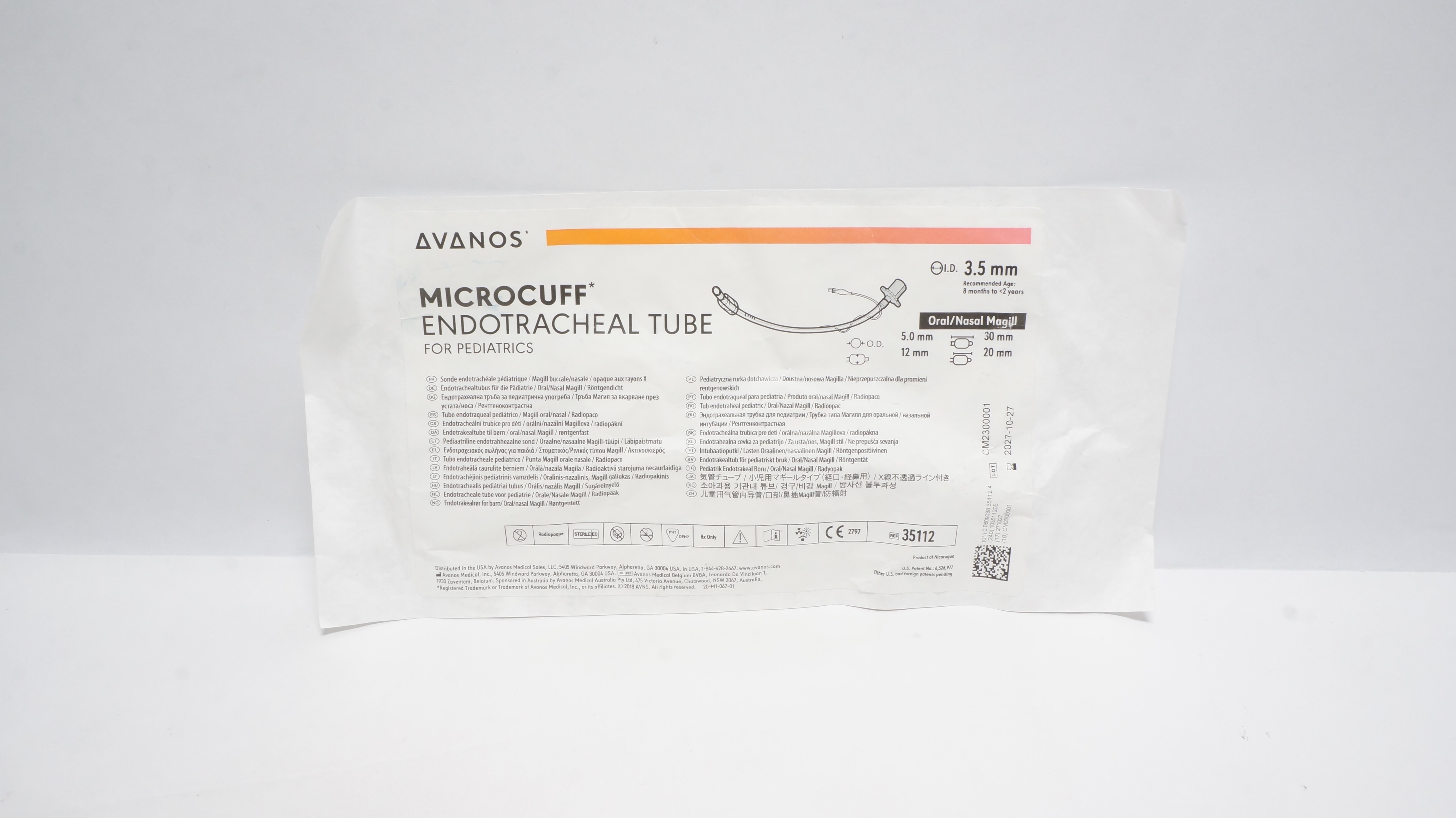 Avanos 35112 Microcuff Pediatric Endotracheal Tube 3.5mm ID x 5.0mm OD x 12mm