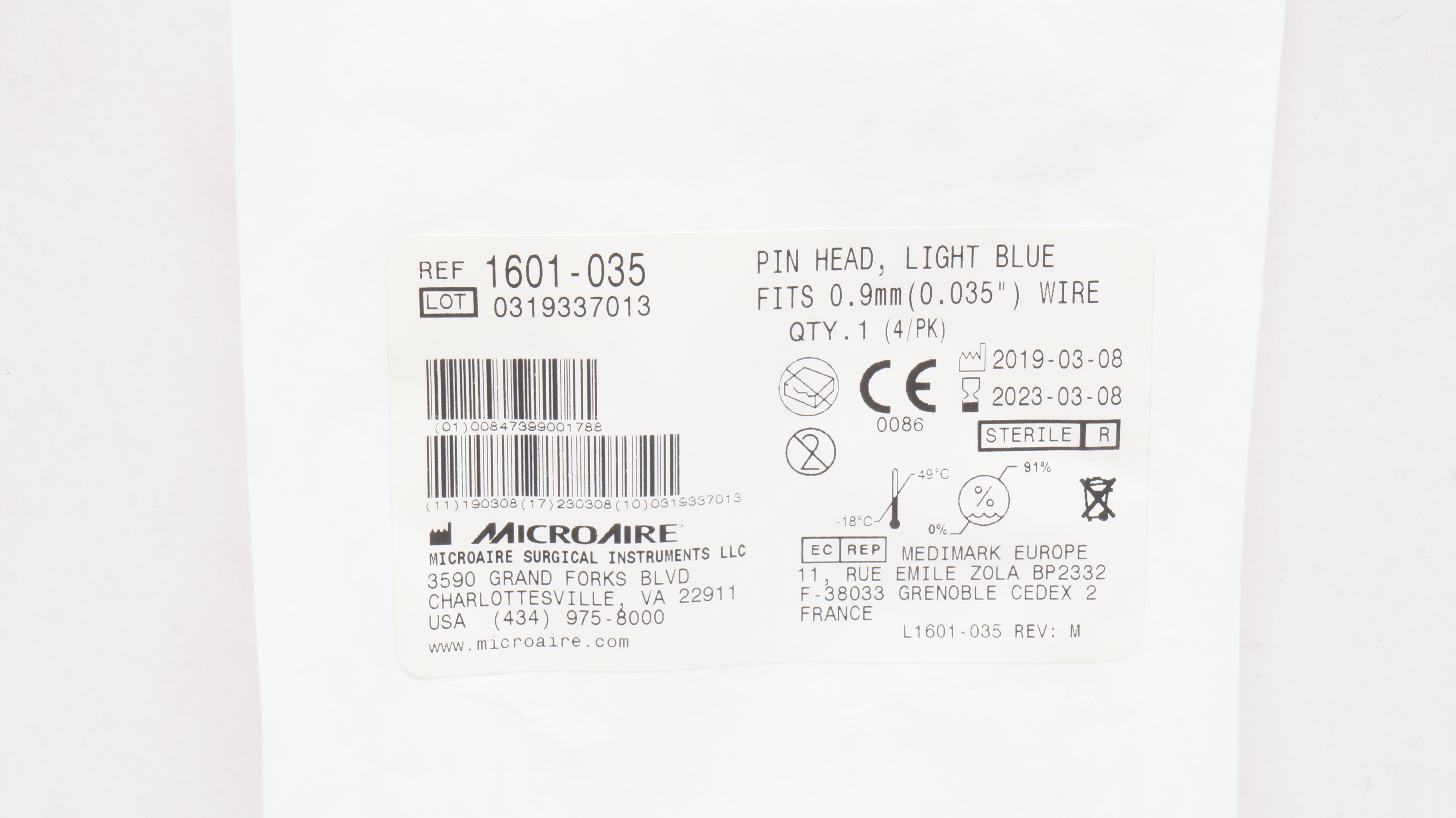 Microaire 1601-035 Pin Head, Light Blue Fits 0.035inch Wire (x)