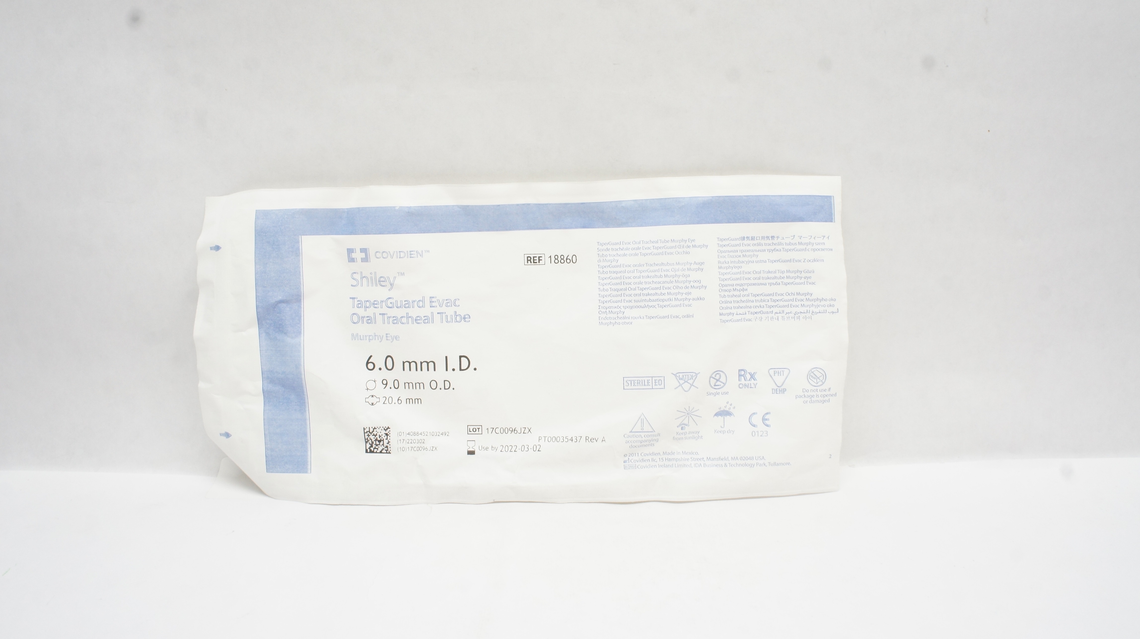 Covidien 18860 Shiley TaperGuard Evac Oral Tracheal Tube 6.0 x 9.0 x 20.6mm (x)