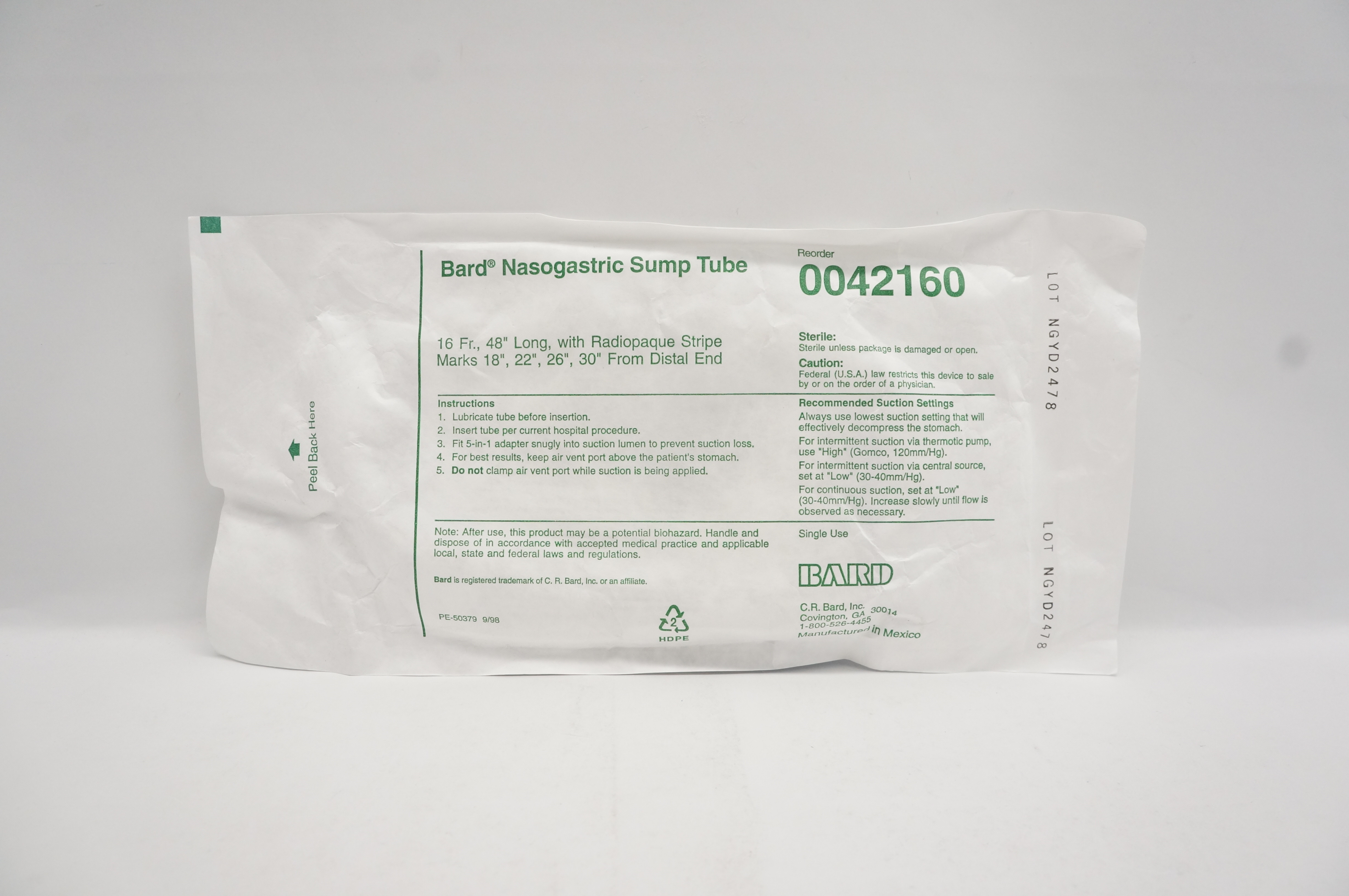 Bard 0042160 Nasogastric Sump Tube with Radiopaque Stripe Marks 16Fr x 48inch