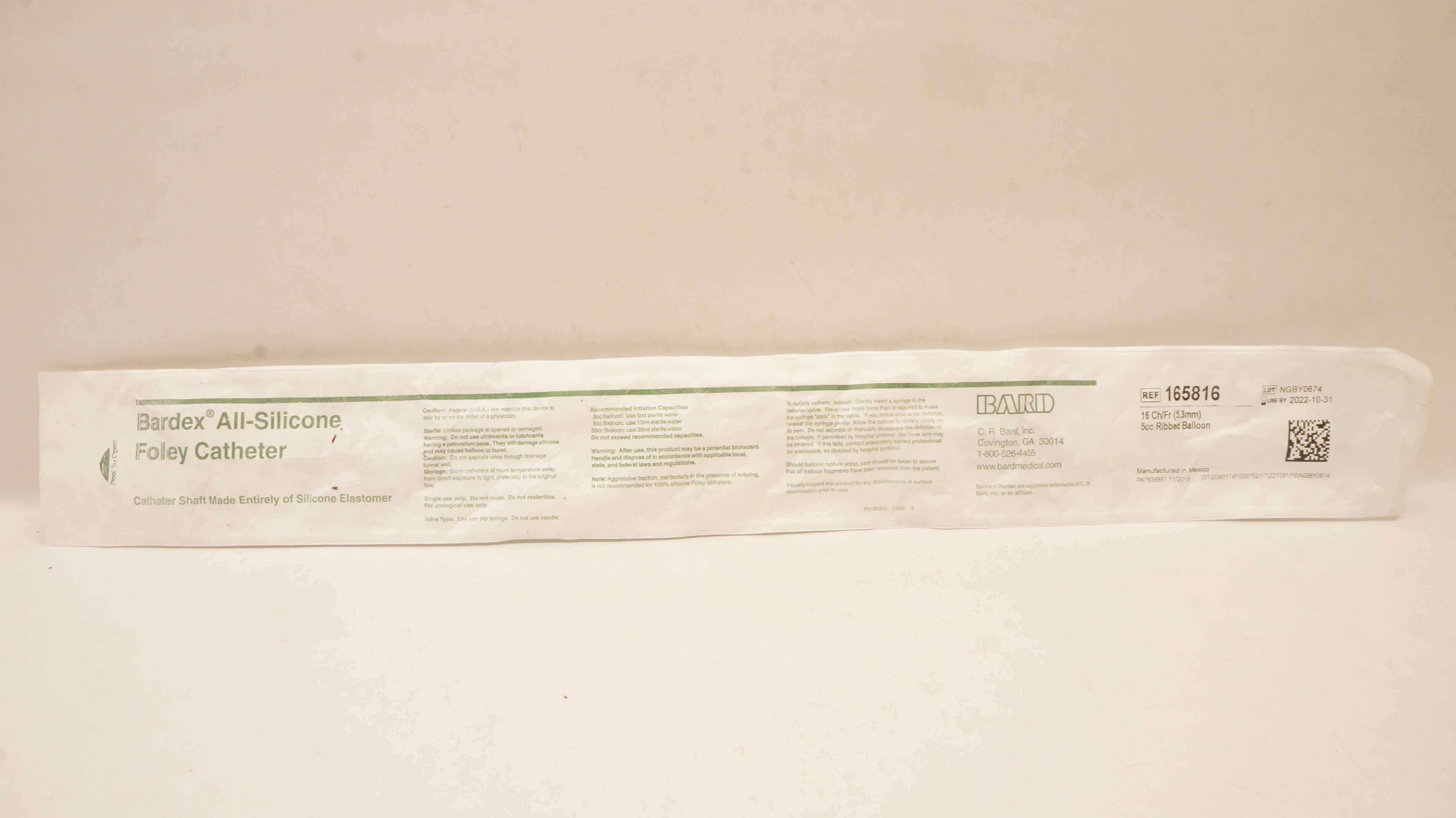 Bard 165816 Bardex All-Silicone Foley Cath. 16Fr. 5cc Ribbed Balloon (x)