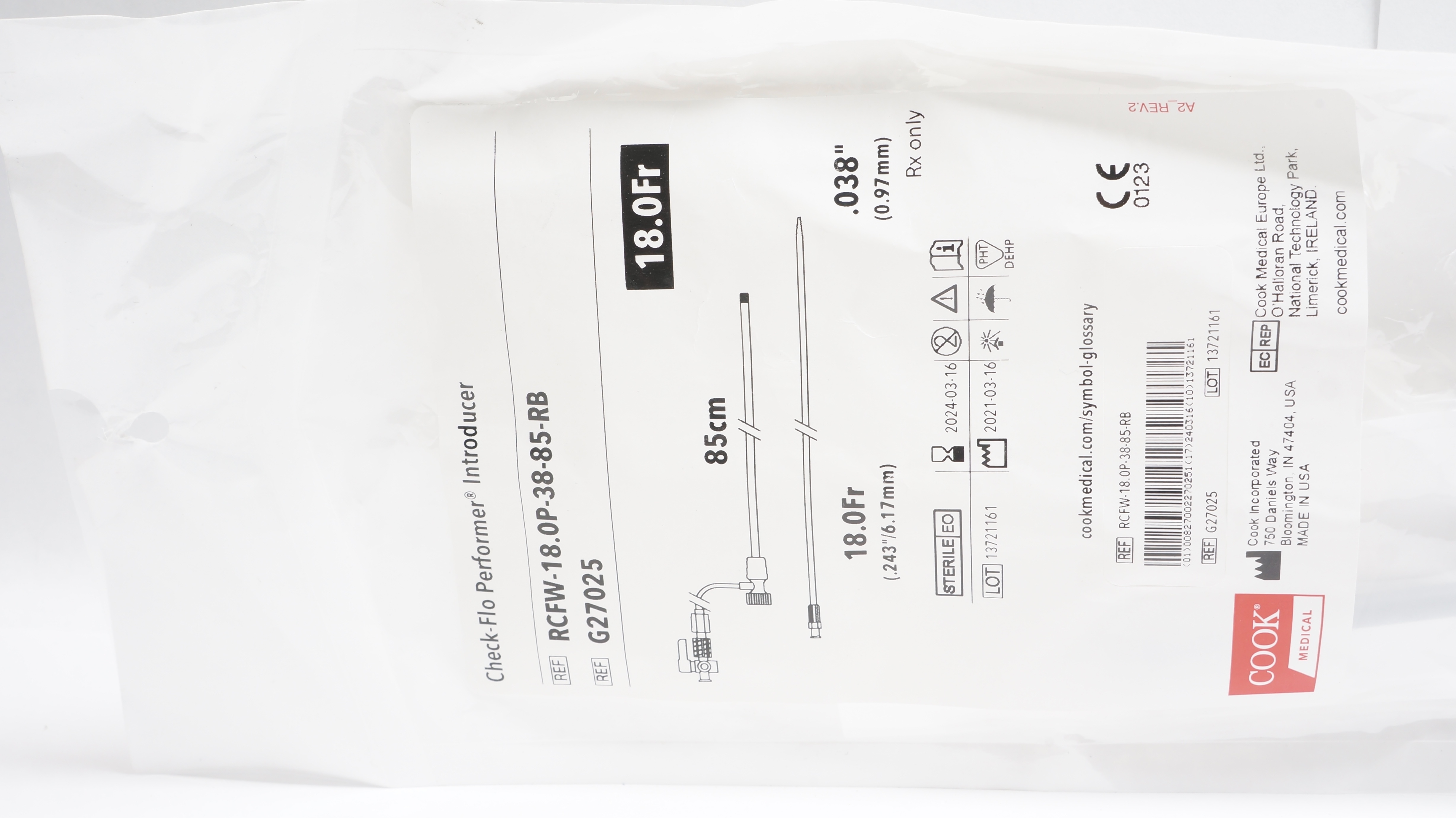 Cook Medical G27025 Check-Flo Performer Introducer 18.0Fr x .038inch x 85cm (x)
