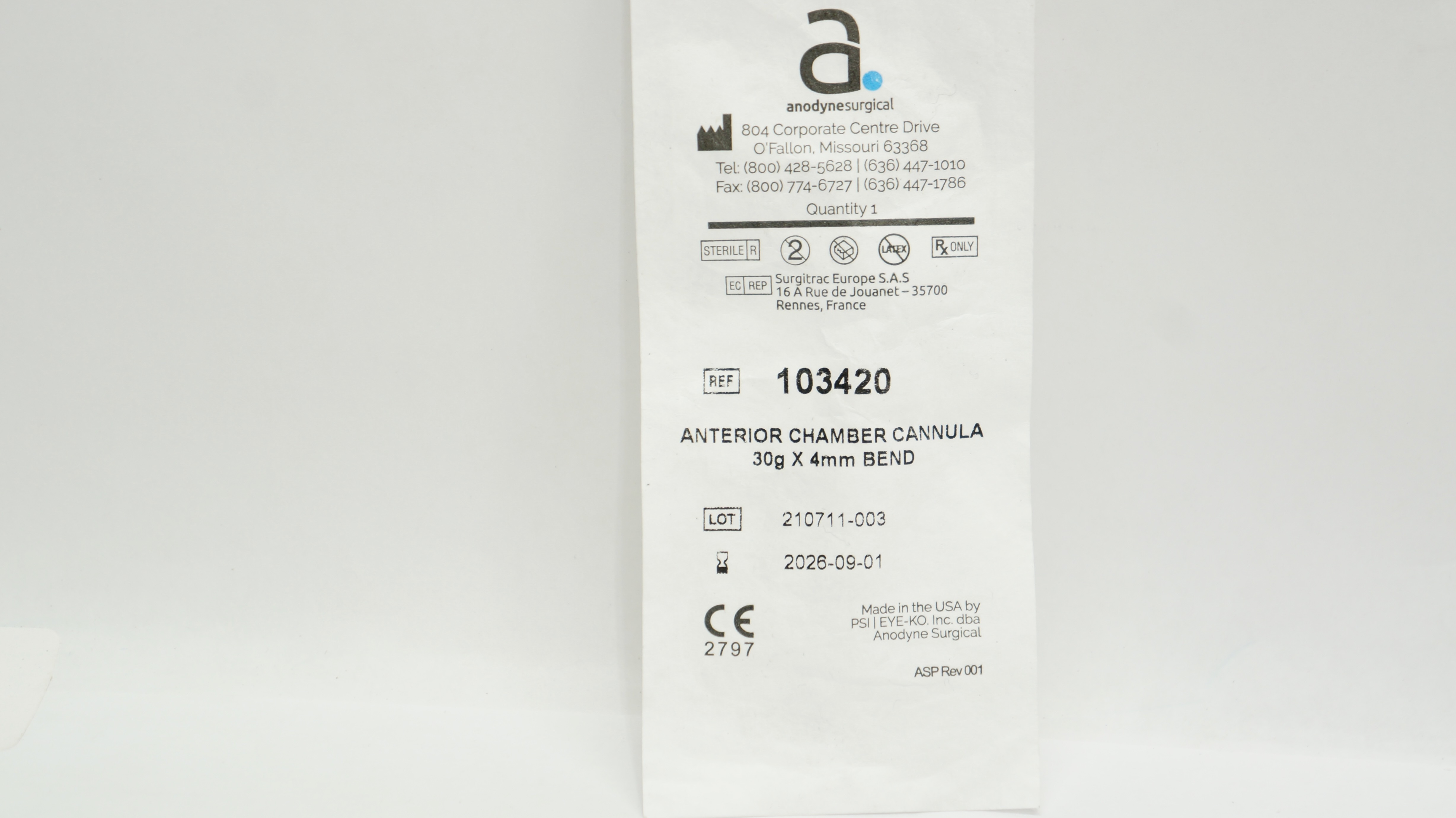 AnodyneSurgical 103420 Anterior Chamber Cannula 30g x 4mm Bend