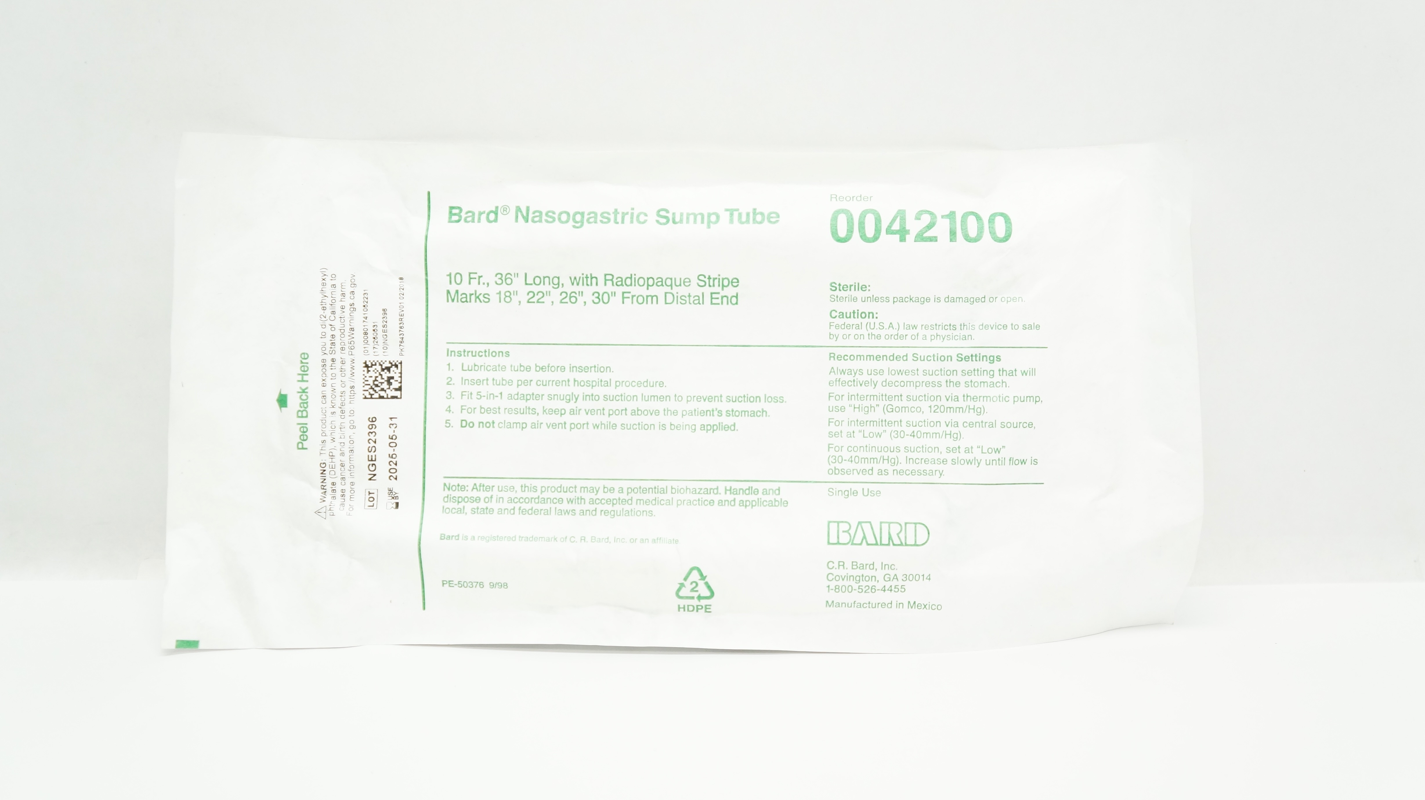 Bard 0042100 Nasogastric Sump Tube with Radiopaque Stripe Marks 10Fr x 36inch