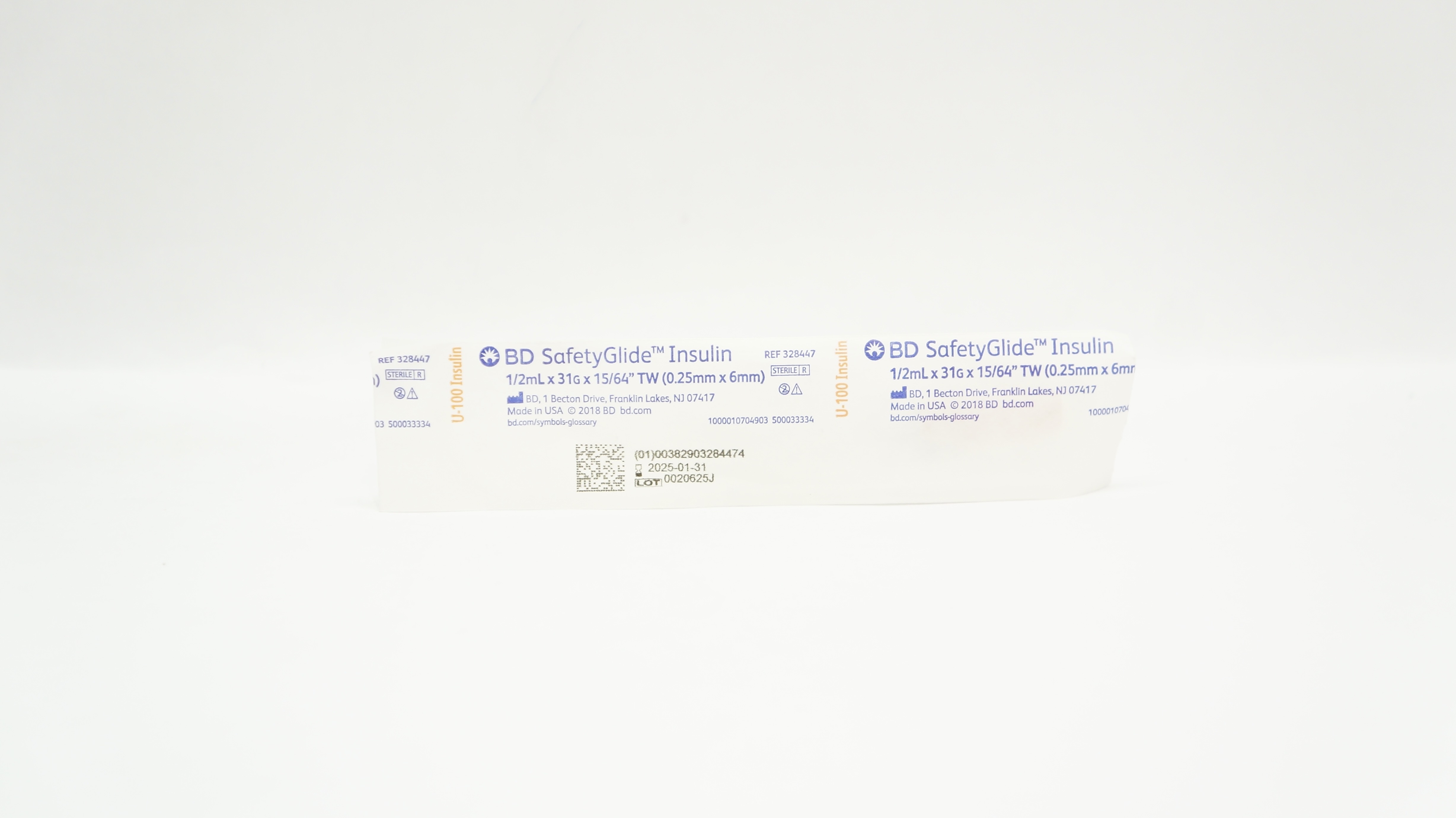 BD 328447 SafetyGlide U-100Insulin Syringe 1/2mL x 31G x 15/64inch TW