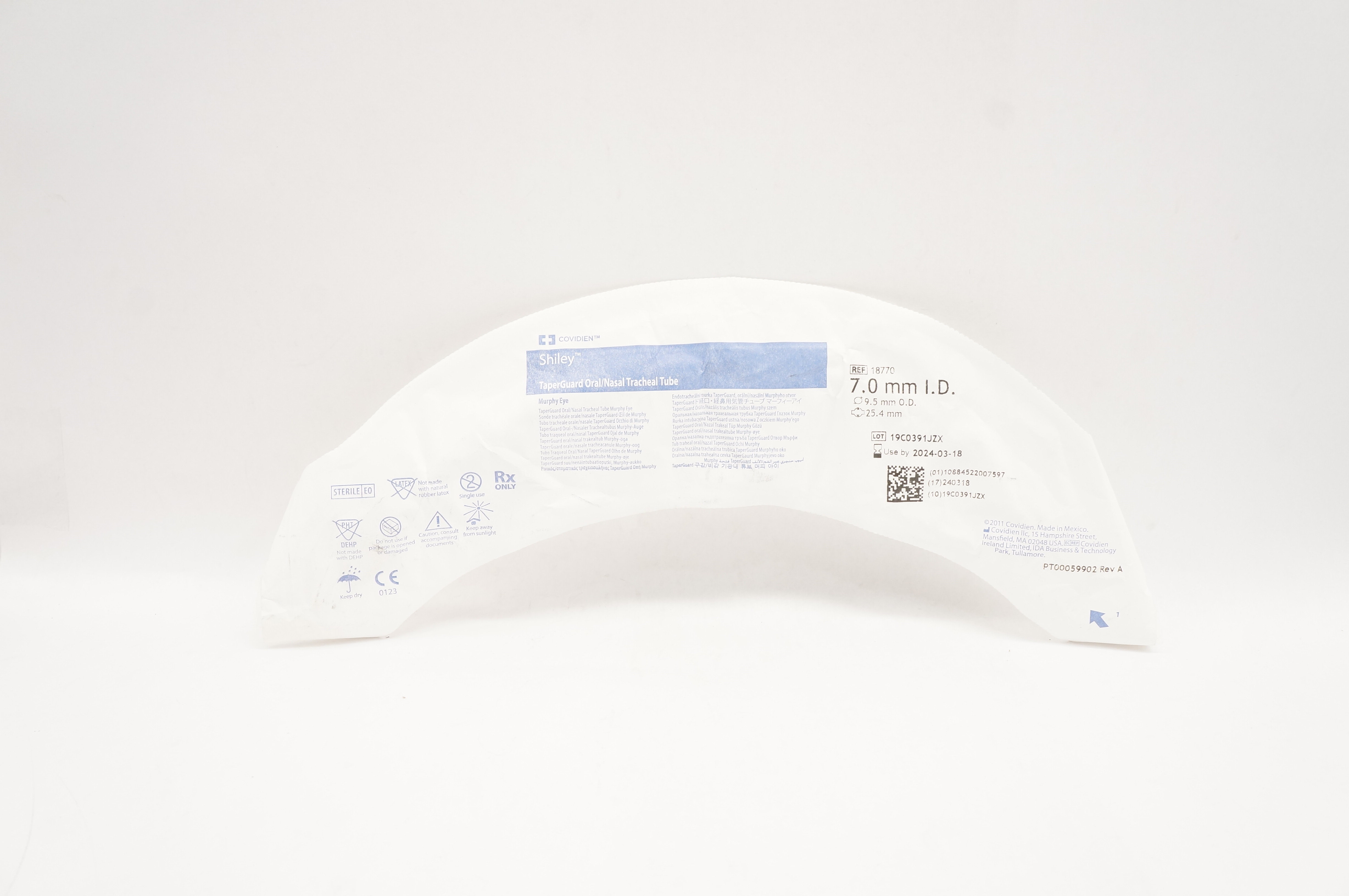 Covidien 18770  Shiley TaperGuard Oral/Nasal Tracheal Tube 7.0mm ID, 9.5mm OD