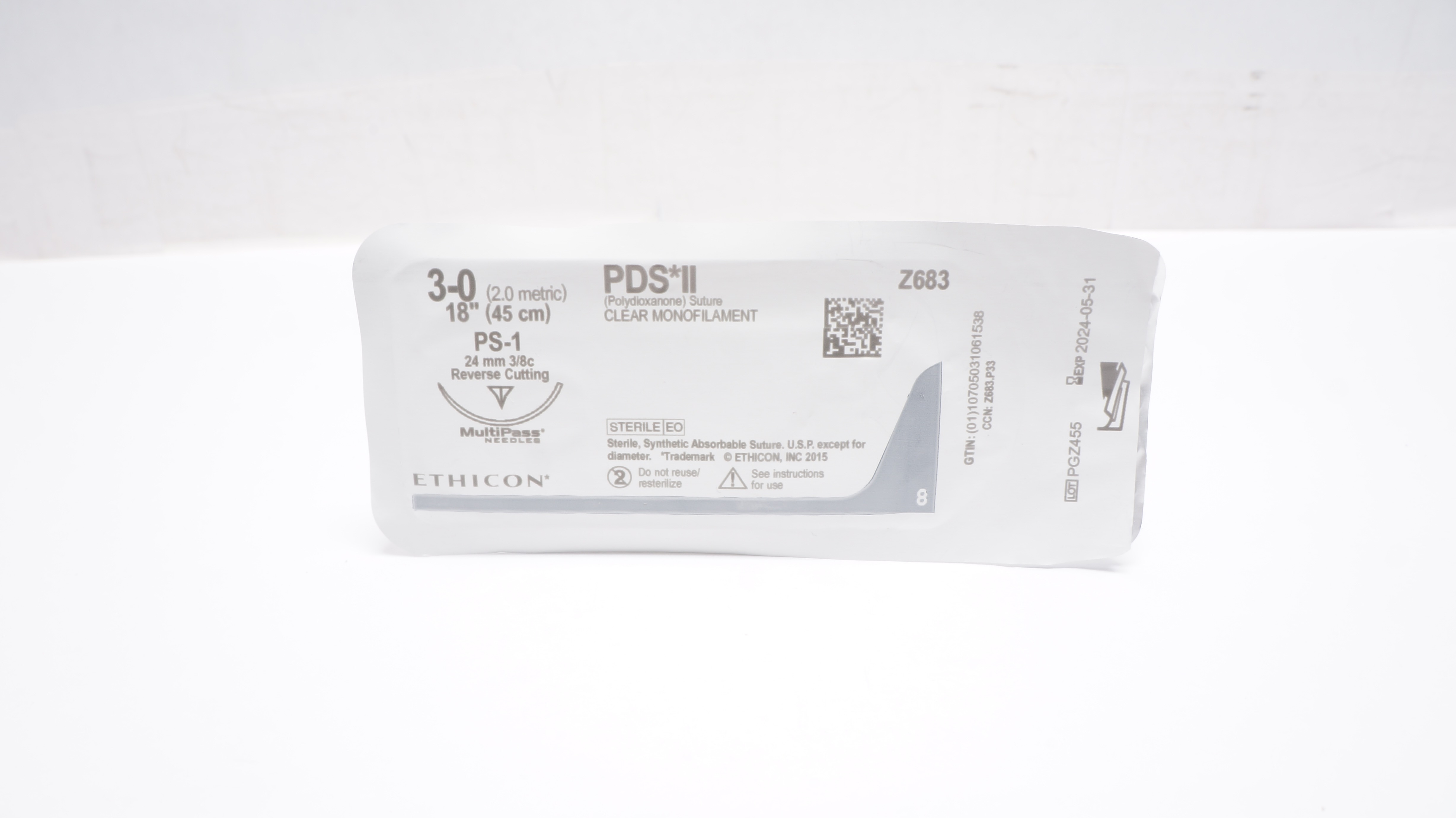 Ethicon Z683 3-0 PDS II Polydioxanone Stre PS-1 24mm 3/8c Reverse Cutting 18inch