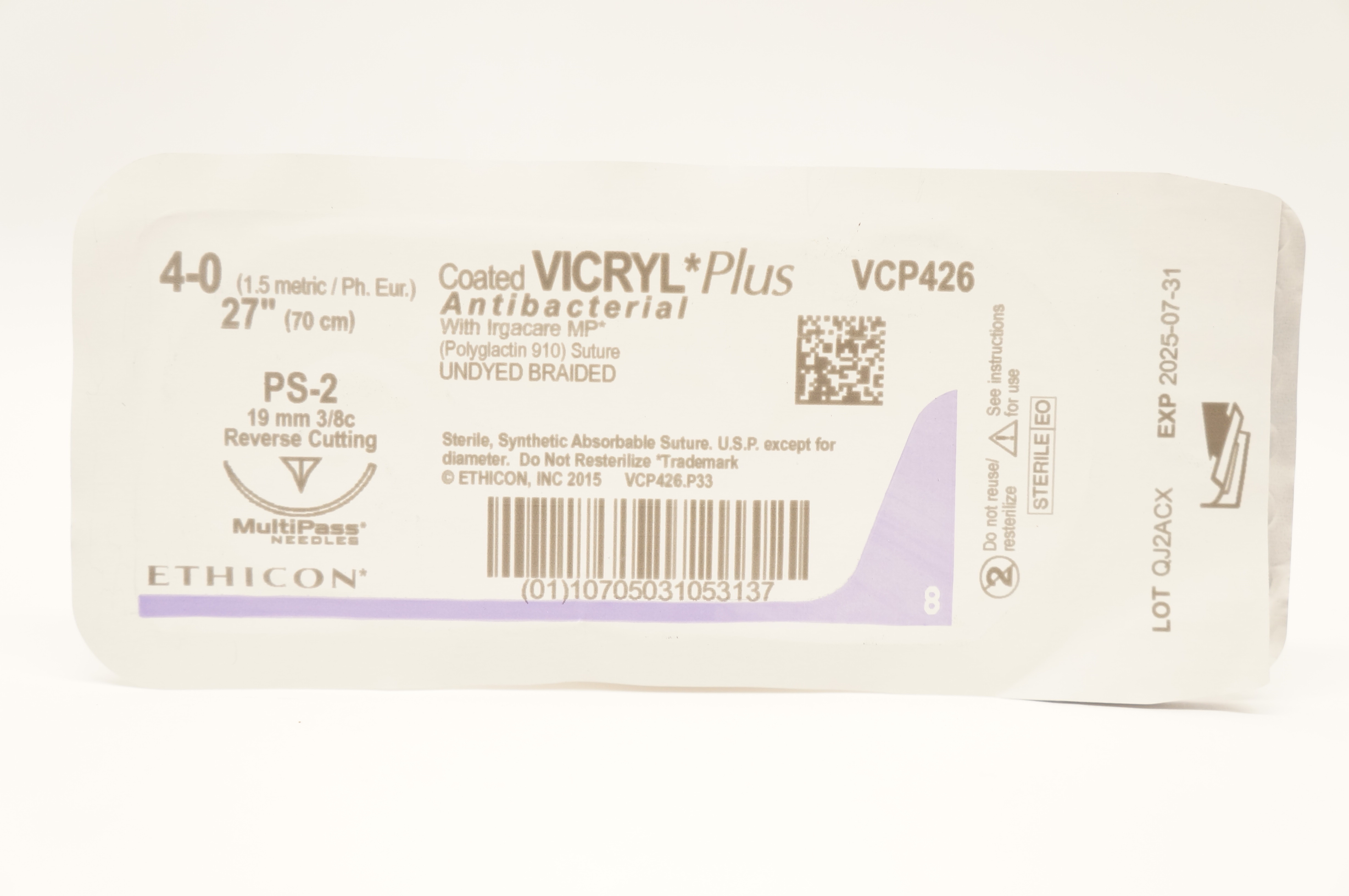 Ethicon VCP426 4-0 Coated Vicryl Plus Stre PS-2 19mm 3/8c Reverse Cutting 27inch