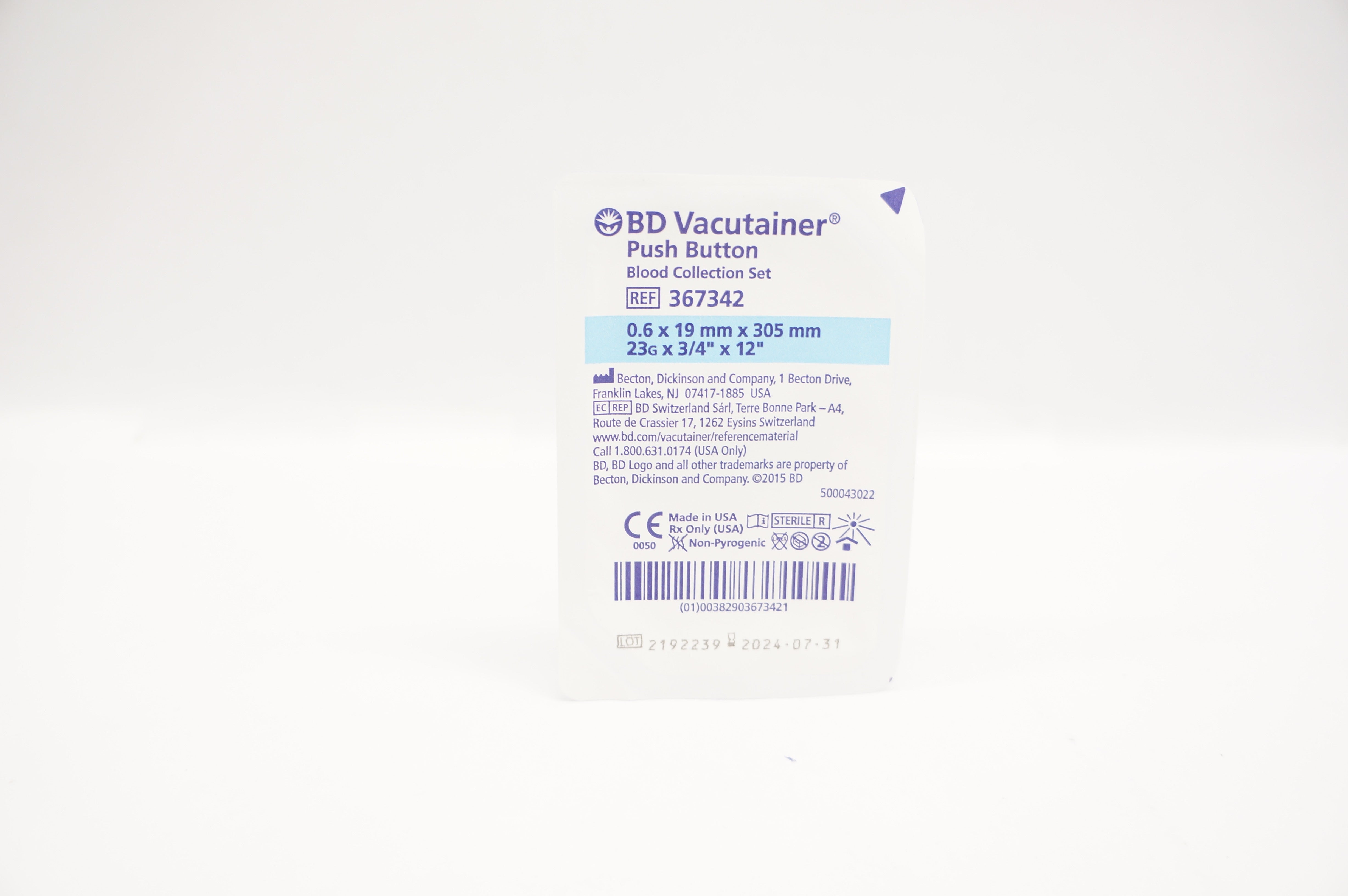 BD 367342 Vacutainer Push Button Blood Collection Set 23G x 3/4inch x 12inch