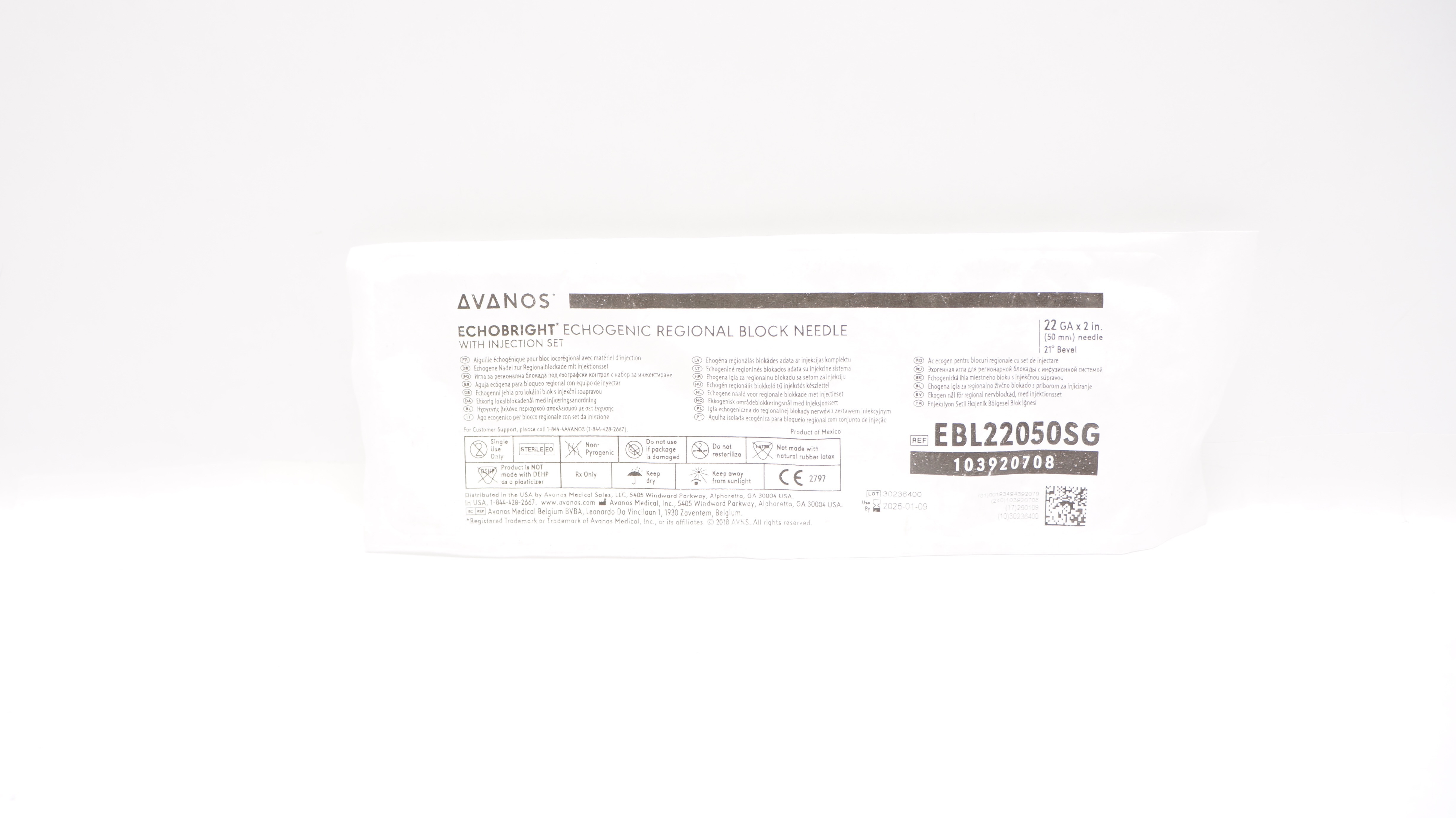 Avanos EBL22050SG EchoBright Echogenic Regional Block Ndle 22Ga x 2inch