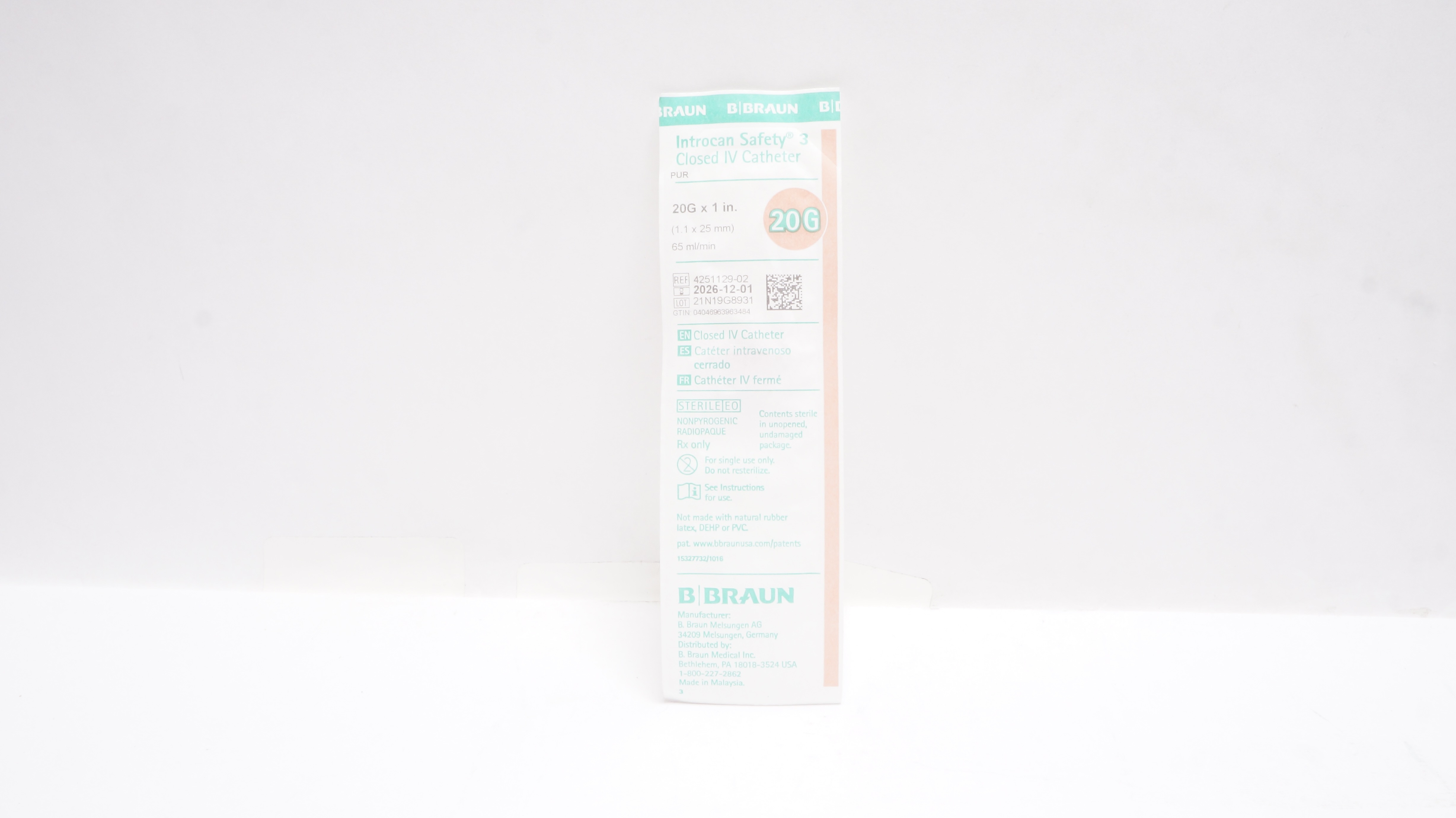Braun 4251129-02 Introcan Safety 3 Closed IV Cath. 20G x 1 inch x 65mL/min