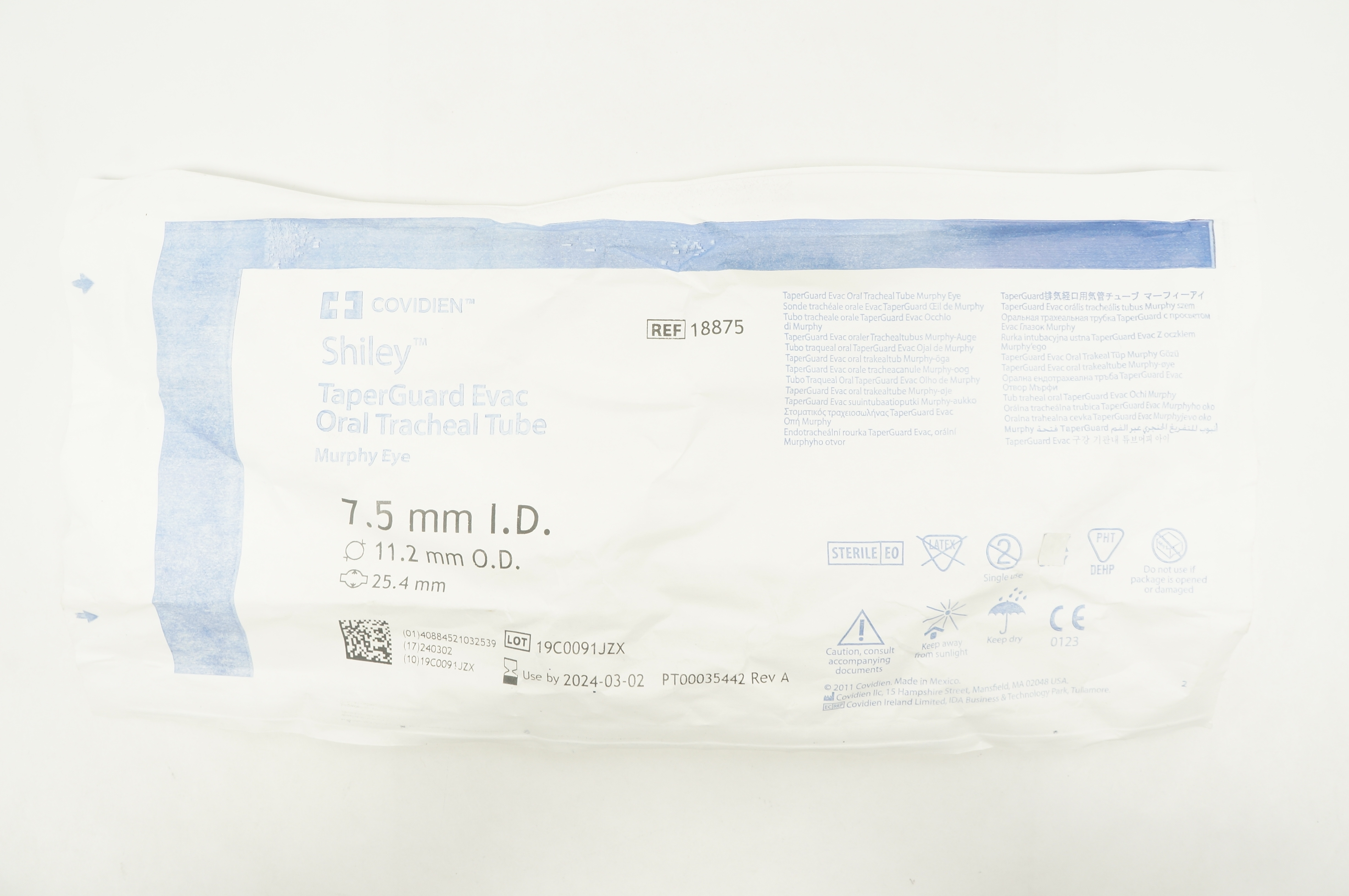 Covidien 18875 Shiley TaperGuard Evac Oral Tracheal Tube 7.5mm ID 11.2mm OD