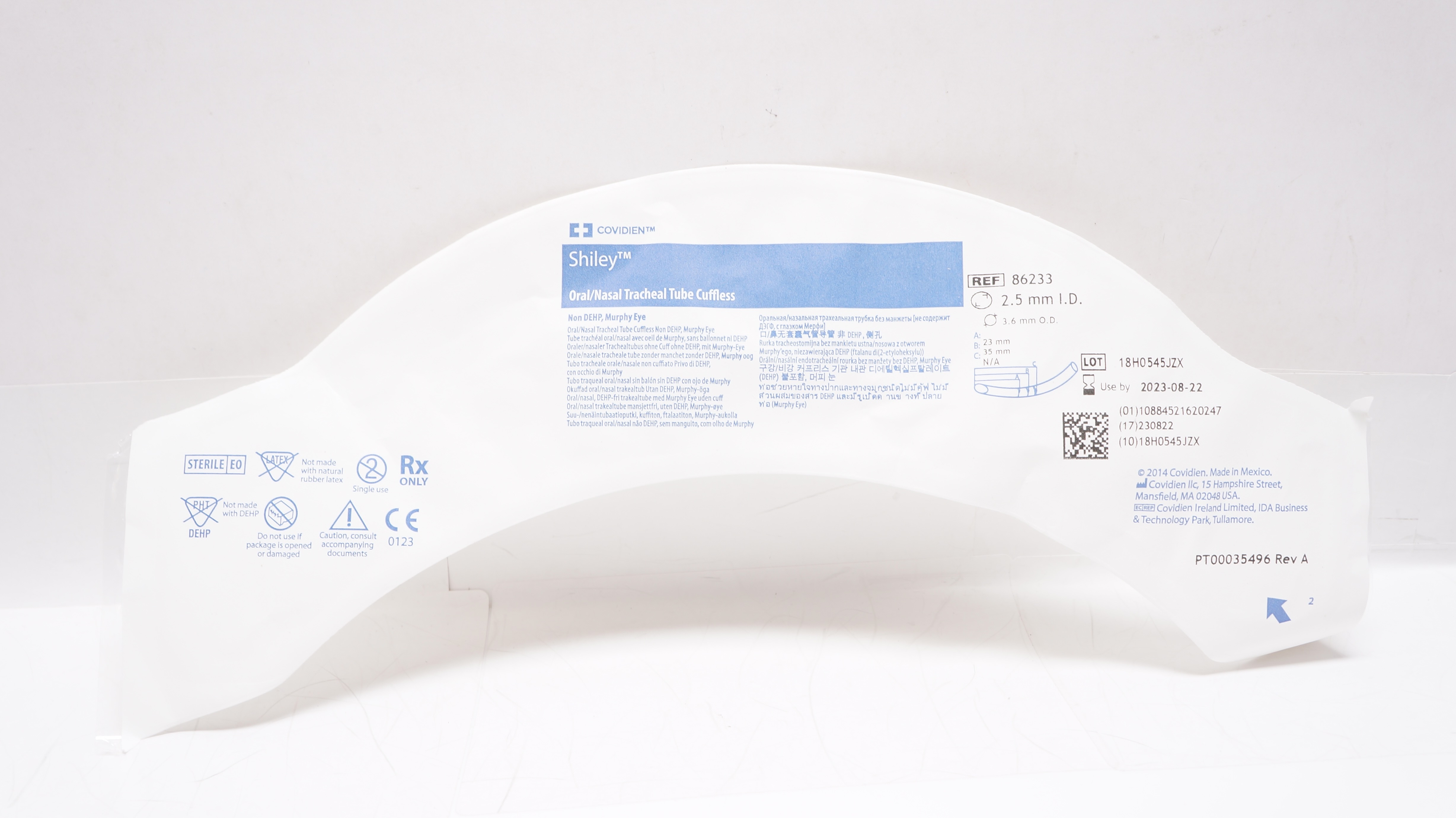 Covidien 86233 Shiley Oral/Nasal Tracheal Tube Cuffless 2.5mm ID x 3.6mm OD (x)