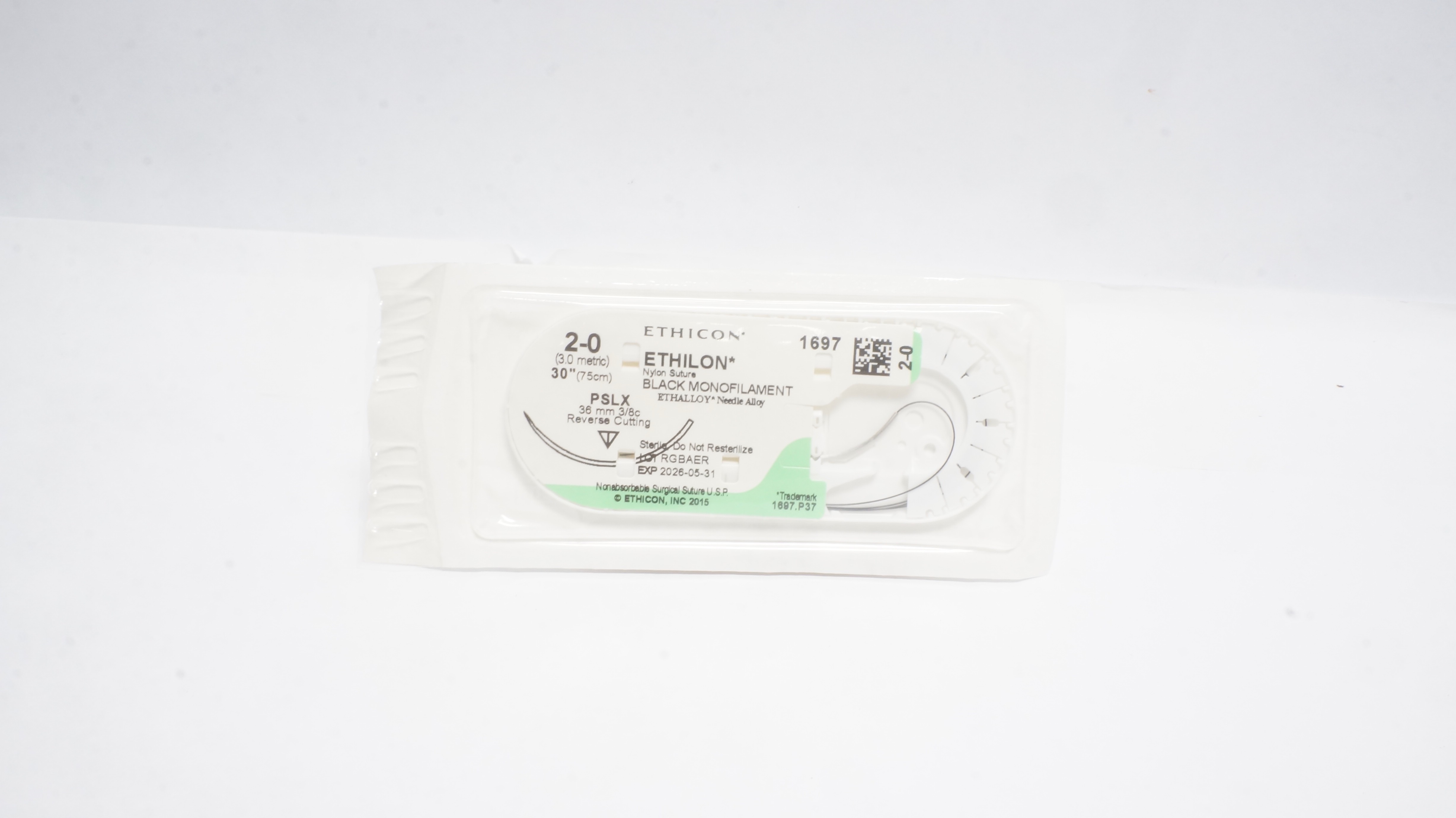Ethicon 1697 2-0 Ethilon Nylon Stre PSLX 36mm 3/8c Reverse Cutting, 30in (x)