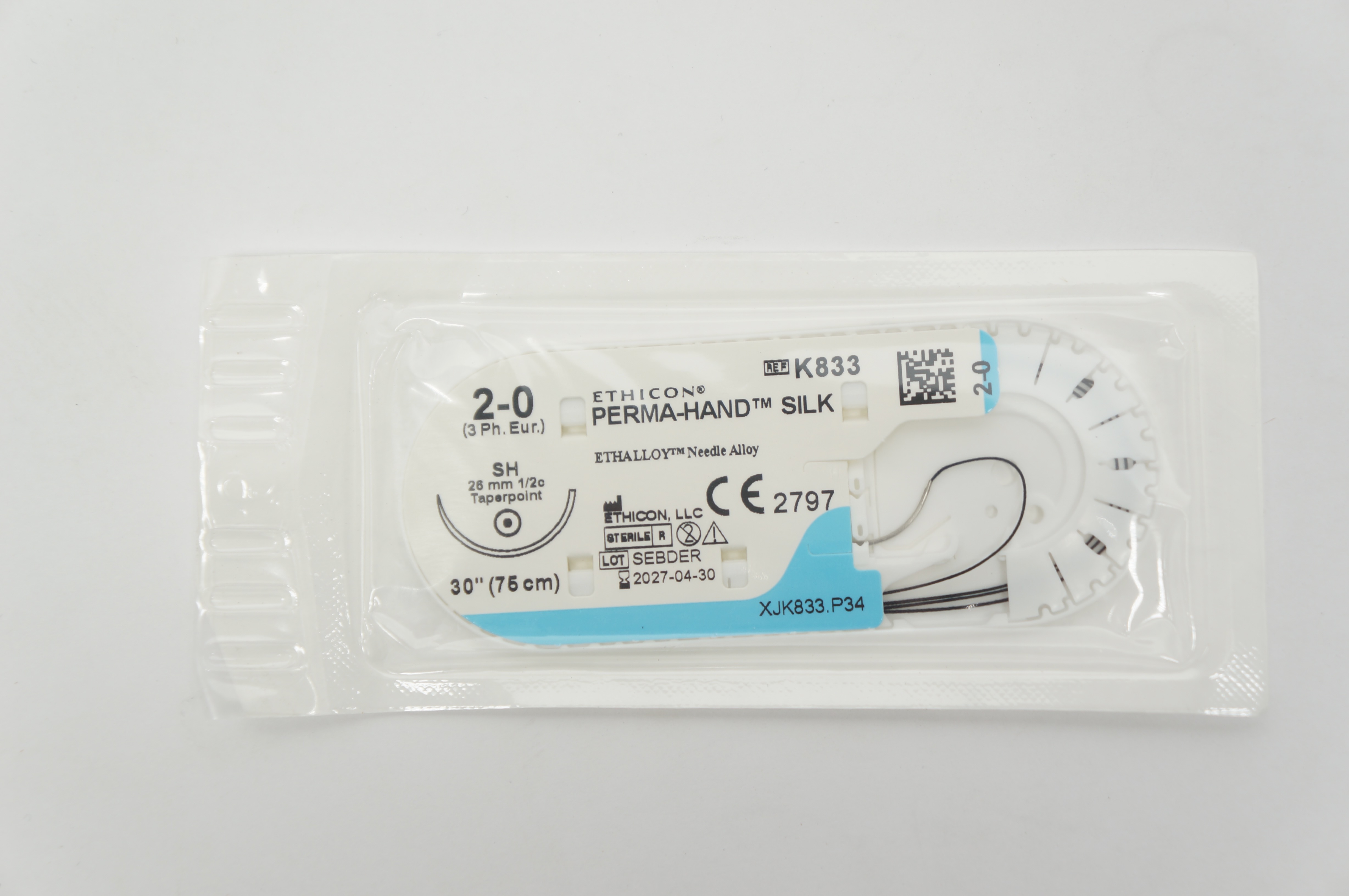 Ethicon K833 2-0 PERMA-HAND SILK Stre, SH 26mm 1/2c Taperpoint, 30inch