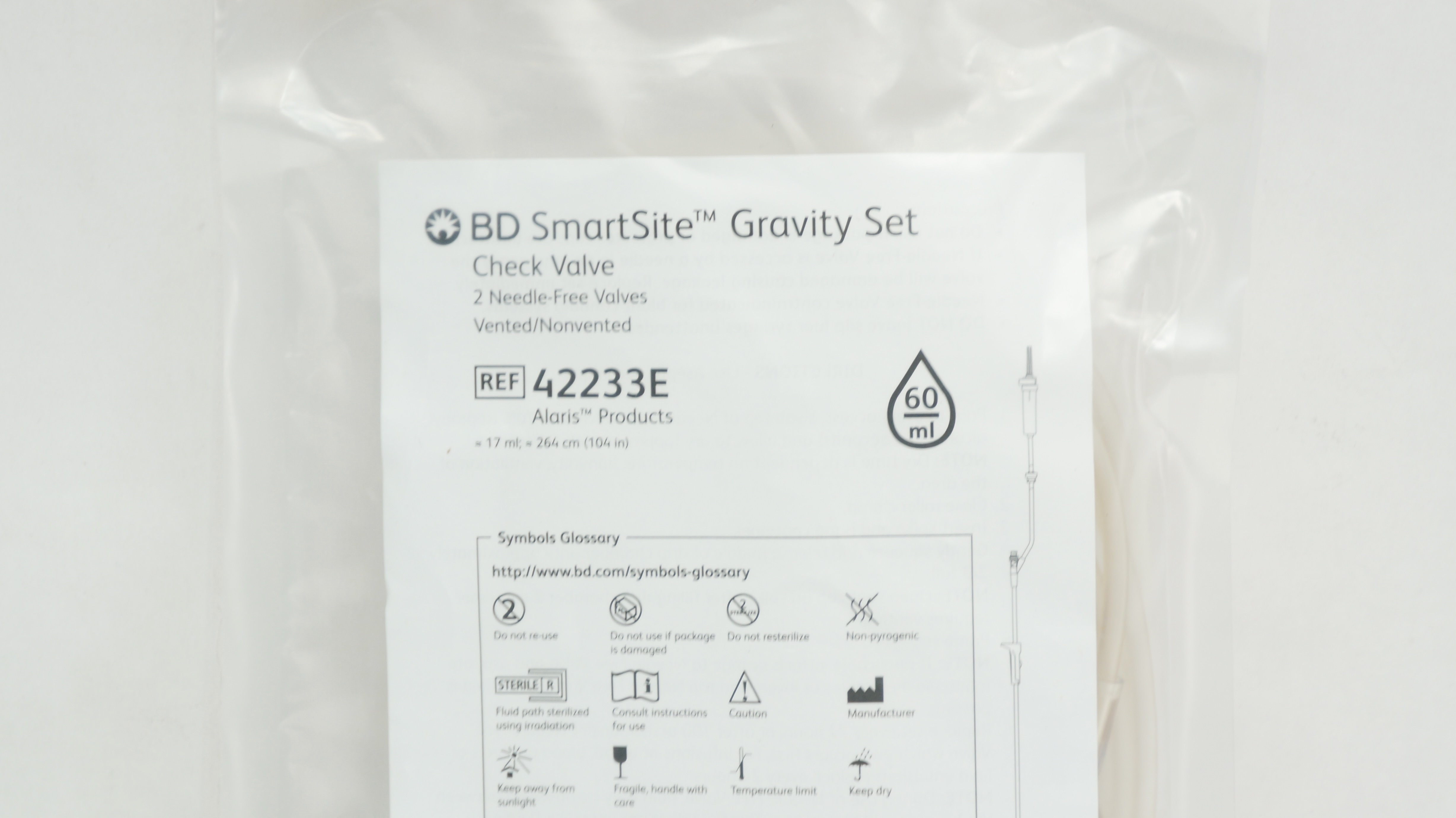 BD 42233E SmartSite Gravity Set Check Valve 17ml x 104inch 60Drops/ml (x)