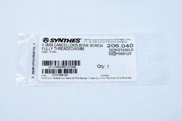 Synthes 206.040 4.0mm Cancellous Bone Screw Fully Threaded 40mm