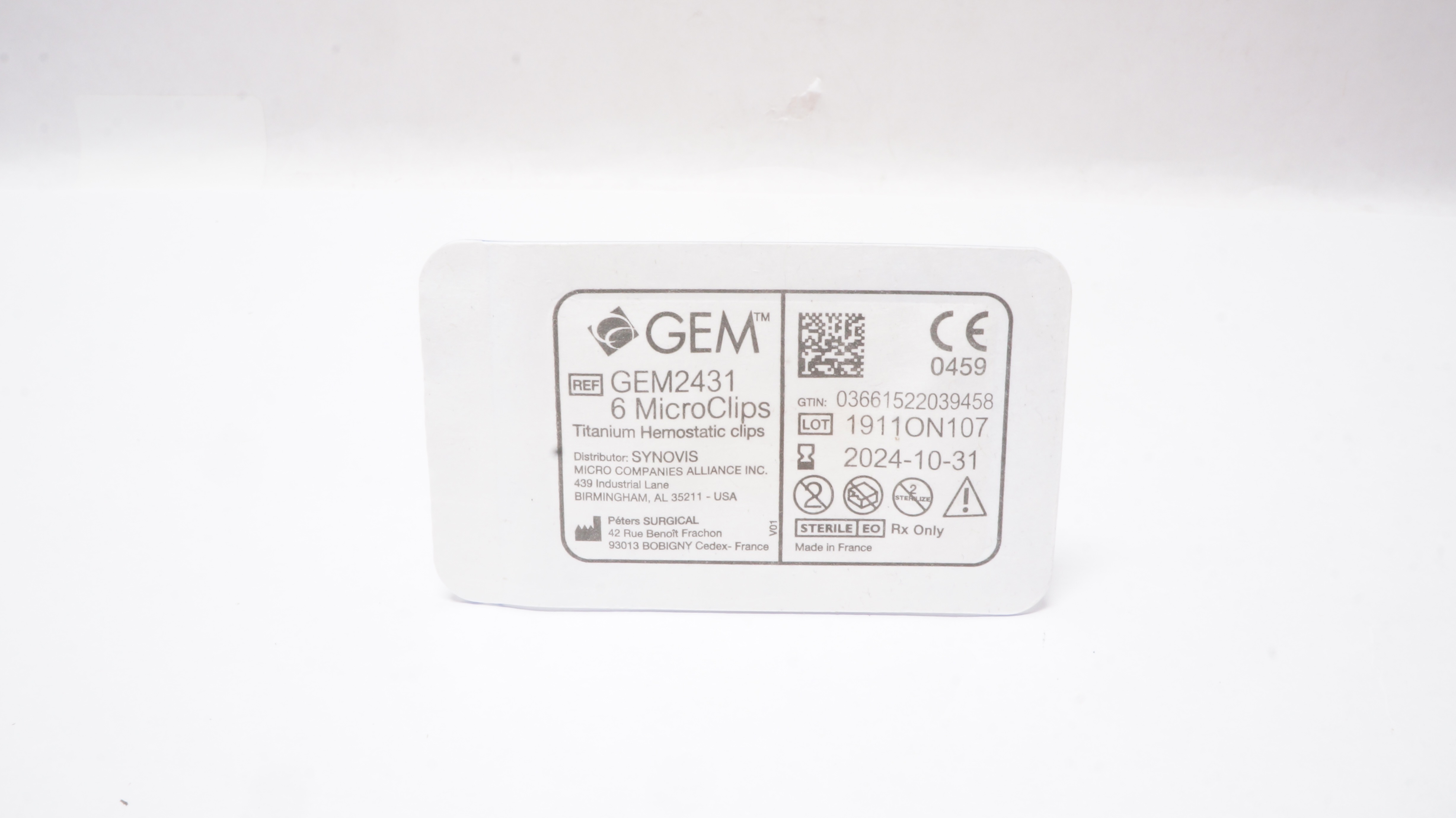 SYNOVIS GEM2431 6 MicroClips Titanium Hemostatic Clips