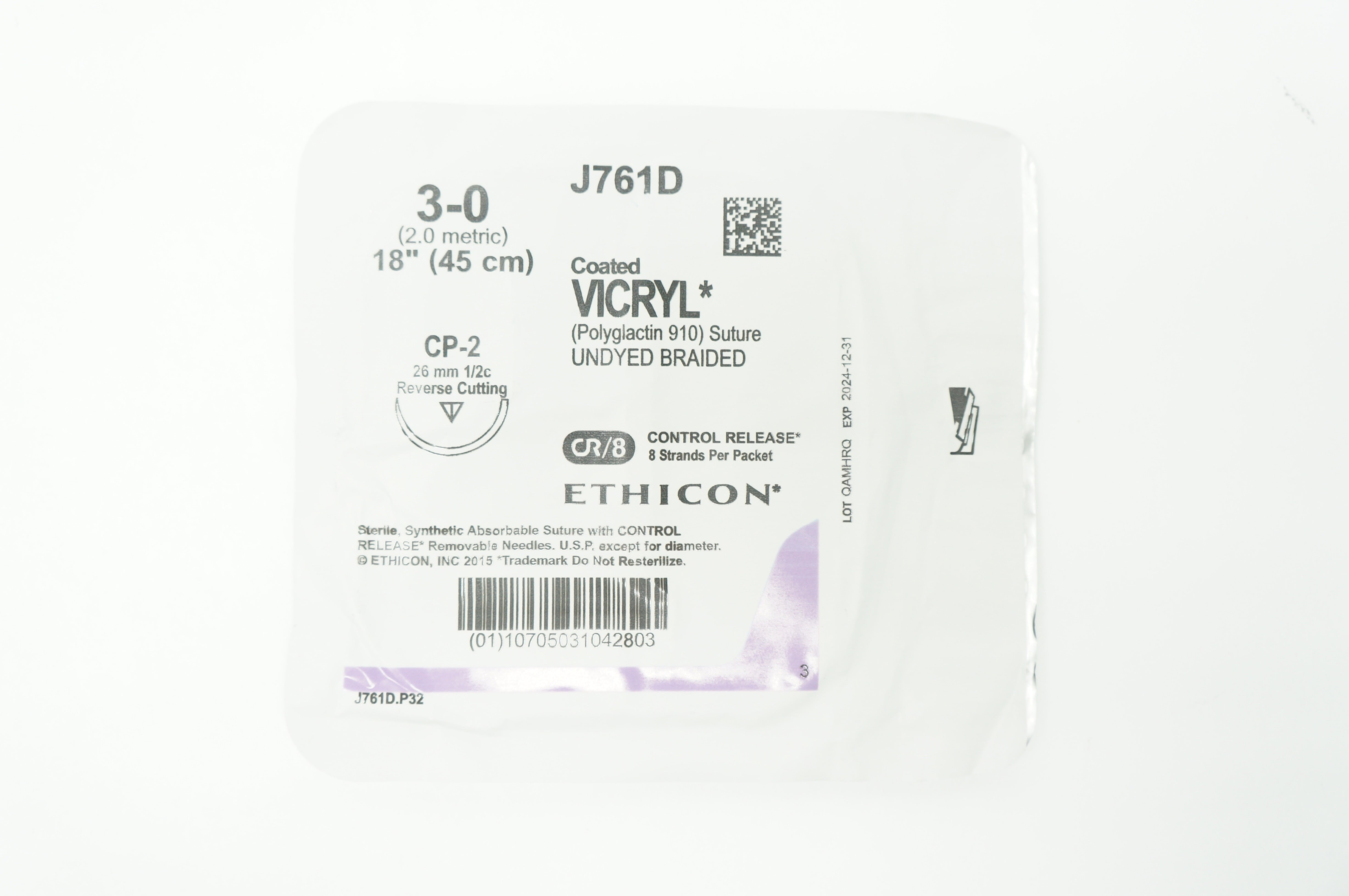 Ethicon J761D 3-0 Coated VICRYL CP-2 26mm 1/2c Reverse Cutting 18 inch