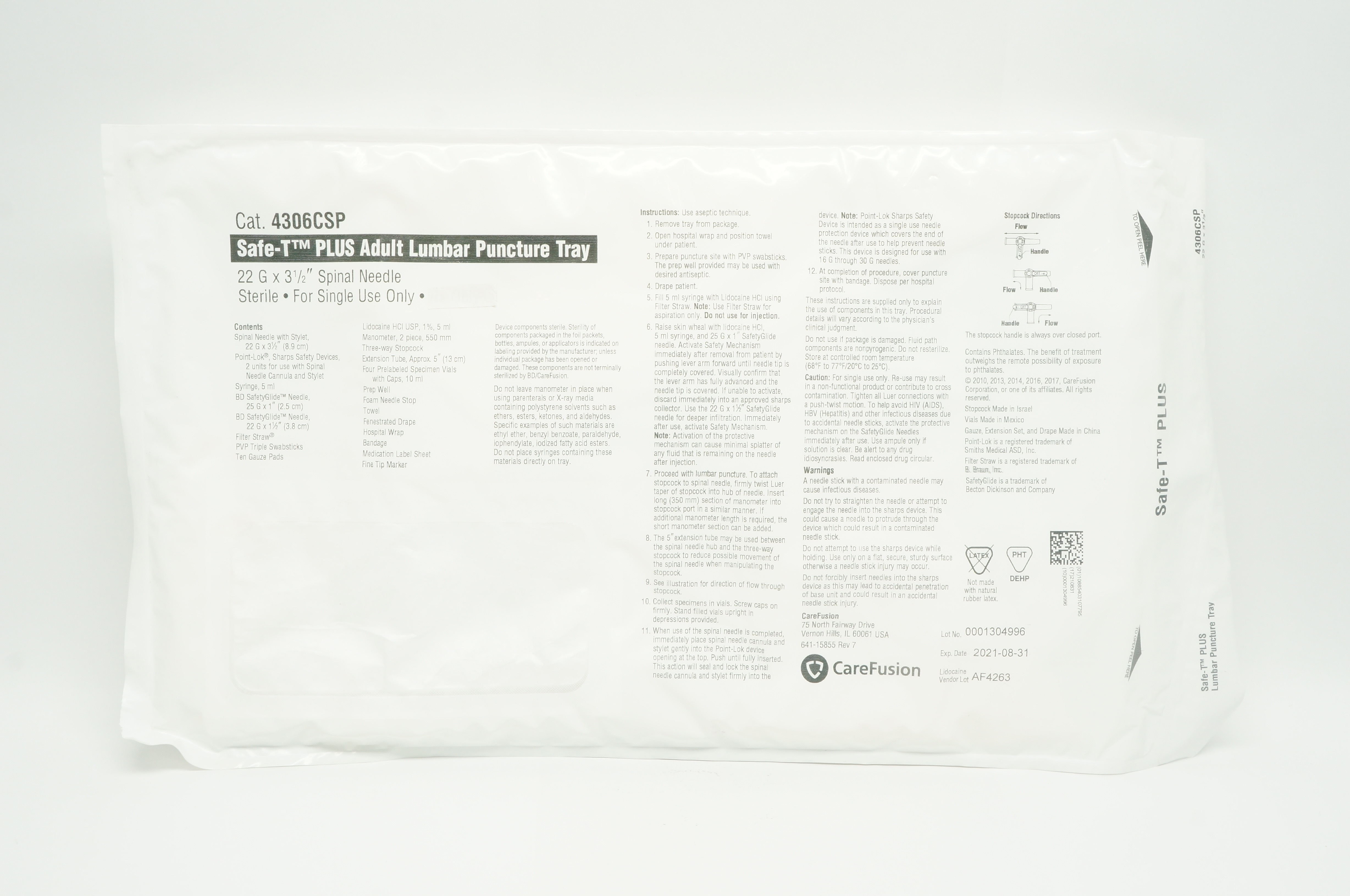 CareFusion 4306CSP Safe-T Plus Adult Lumbar Puncture Tray, Ndle 22G x 3 1/2 inch