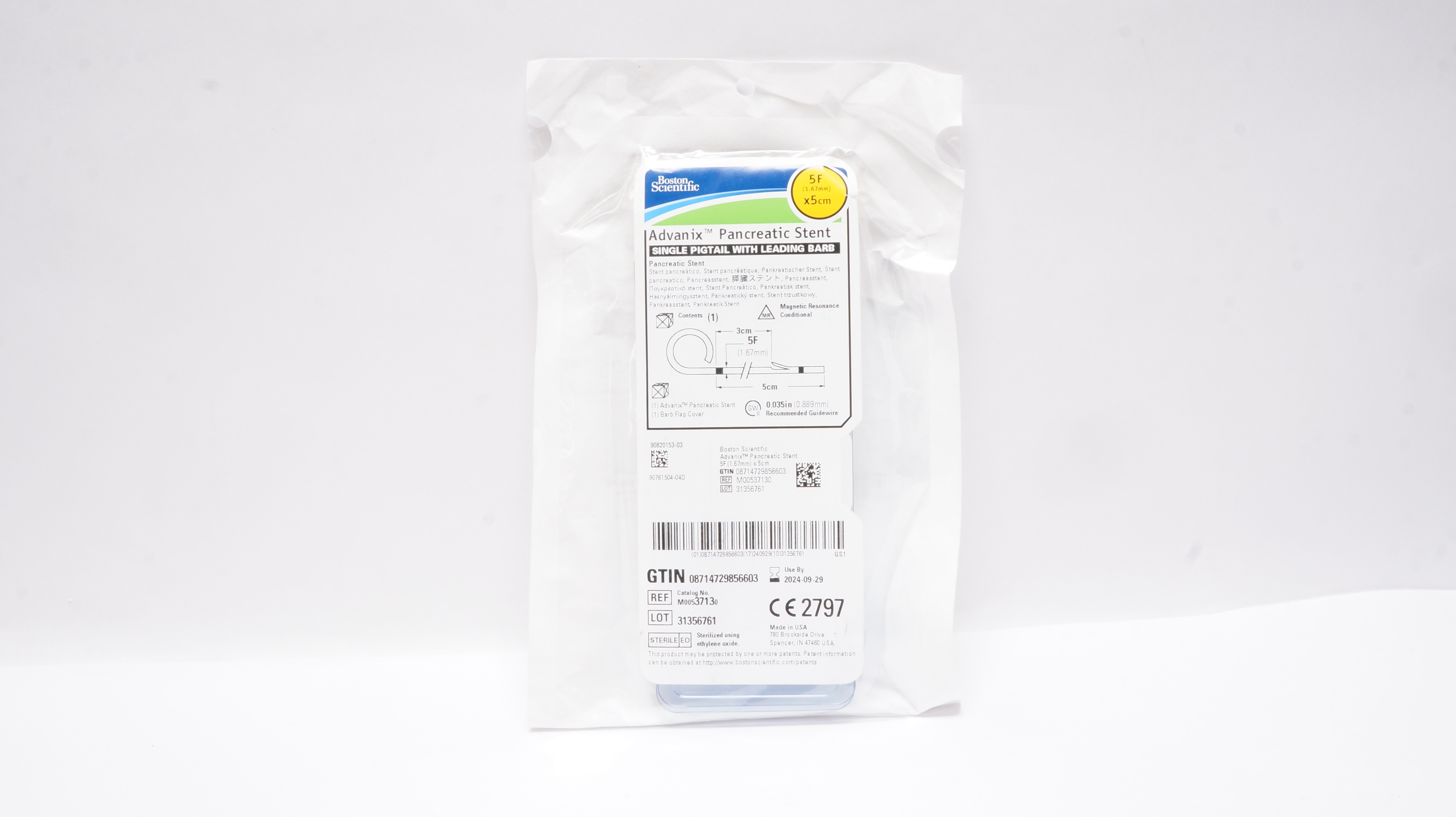 Boston Scientific M00537130 Advanix Pancreatic Stnt Single Pigtail 5F x 5cm
