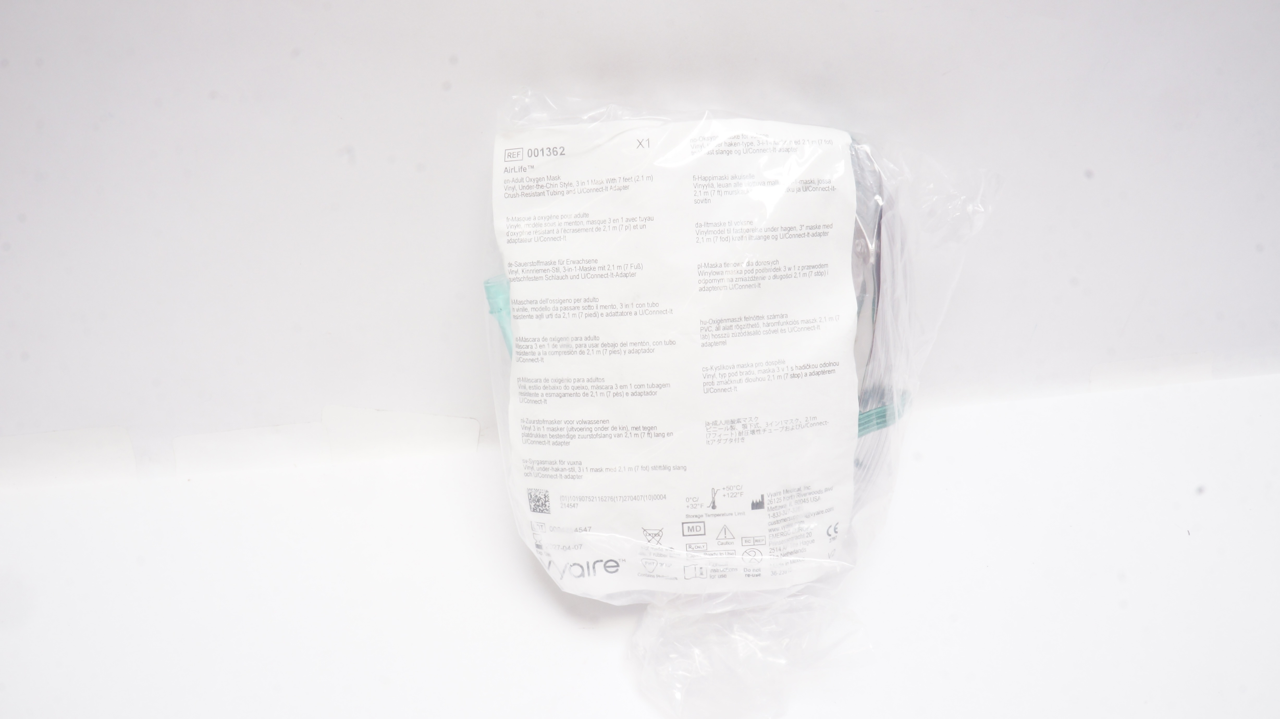 Vyaire 001362 AirLife Adult Oxygen Mask Vinyl w/7ft. Tubing & U/Connect Adapter