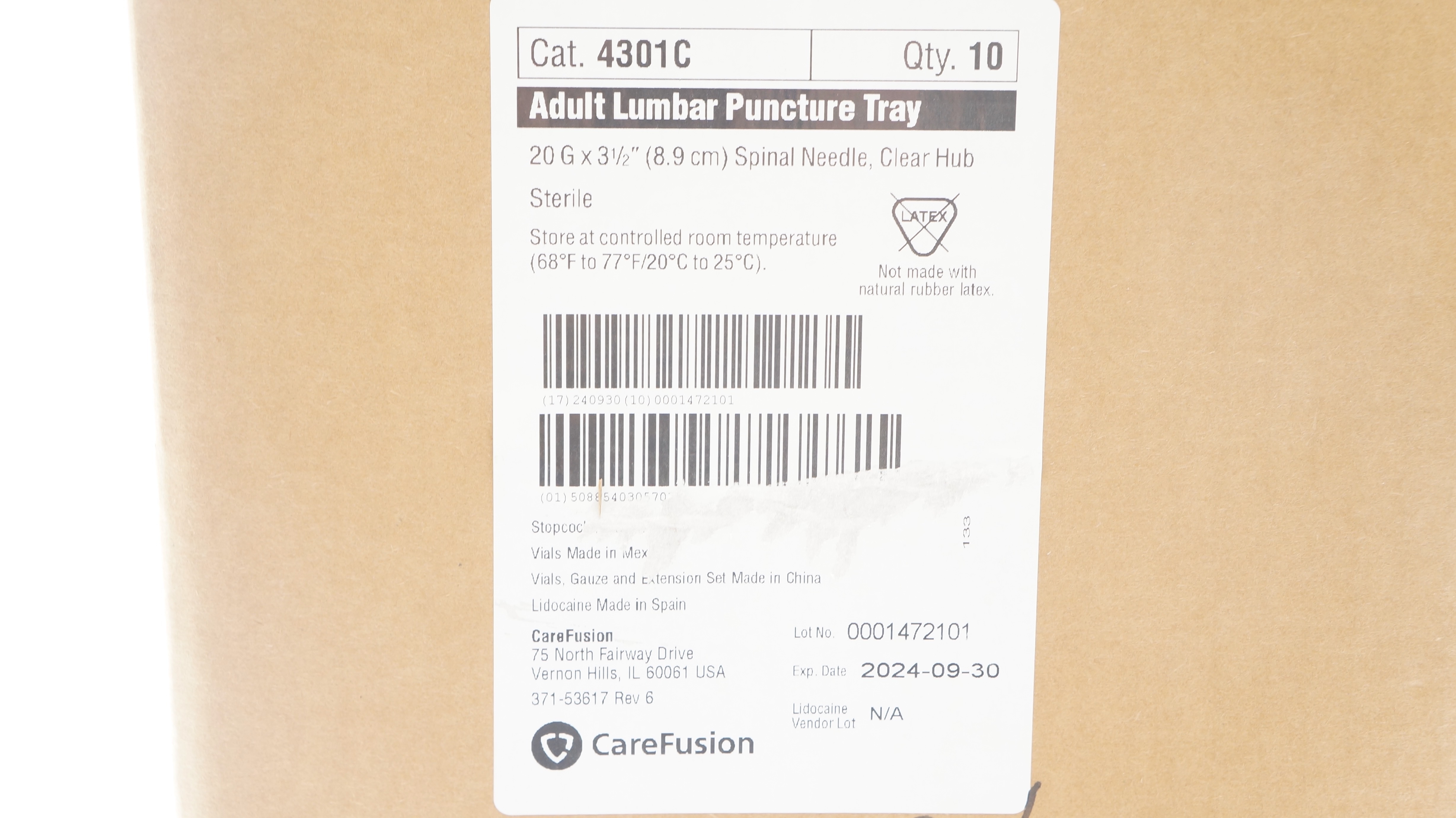 CareFusion 4301C Adult Puncture Tray, 20 G x 3-1/2 Spinal Ndle (x) - Box of 10